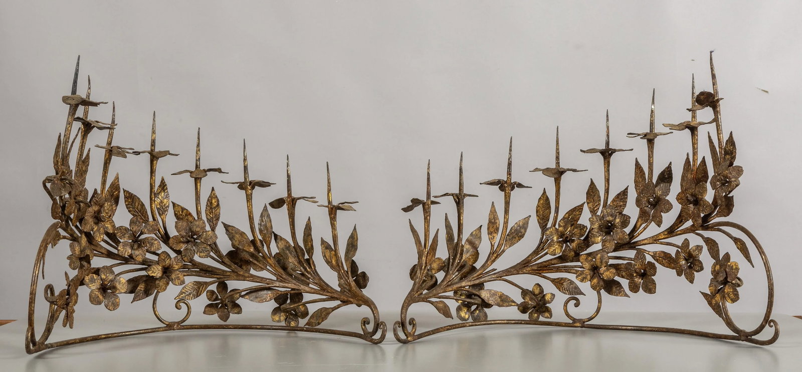 Pair of Eight-Light Antique Vintage Italian Candelabrum in Wrought Gilded Iron - 5