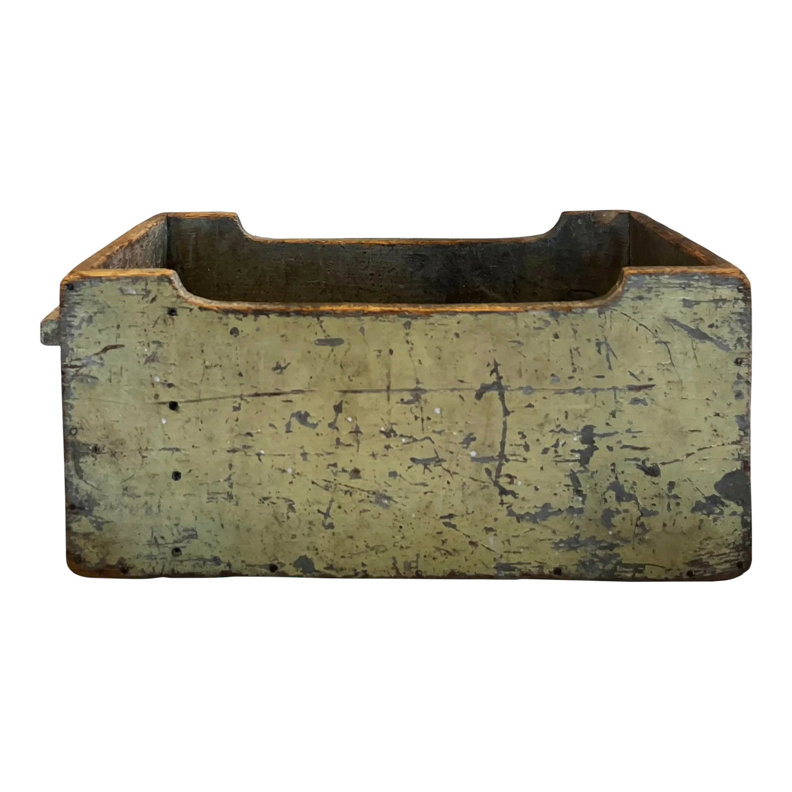 Vintage Distressed Wooden Box: This is an open-top wooden storage box with distressed light green paint, exposing parts of the wood throughout. Condition: Alterations: Original Condition Unaltered Imperfections: Some Imperfections