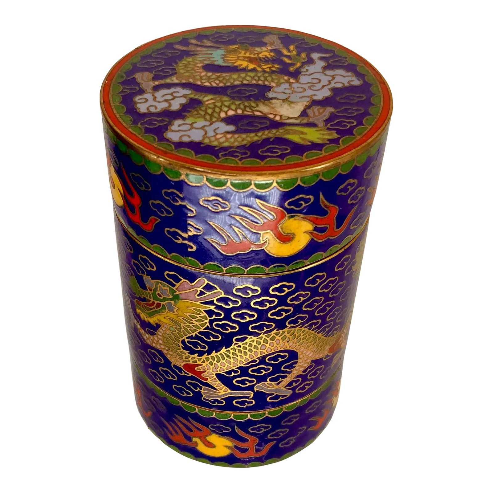 Vintage Chinese Cloisonne Jewelry Box With Dragons.: Very beautiful three part cloisonne jewelry box decorated with gravons and flaming pearls. Unusual design, brilliant colors. Turquoise colored enameled interior. Excellent condition . Condition: Alter