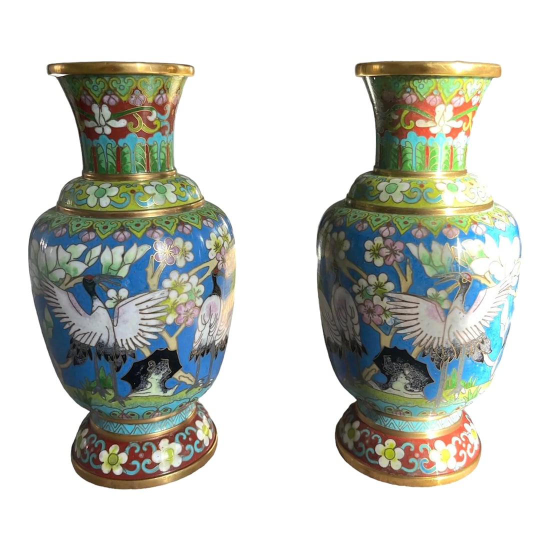 1950s Chinese Cloisonnsqrt(C) Vases - Set of 2: Antique set of colorful cloisonne vases with cranes and flowers. The vases are enameled in Cerulean blue , green and yellow. Unique set. Condition: Alterations: Original Condition Unaltered