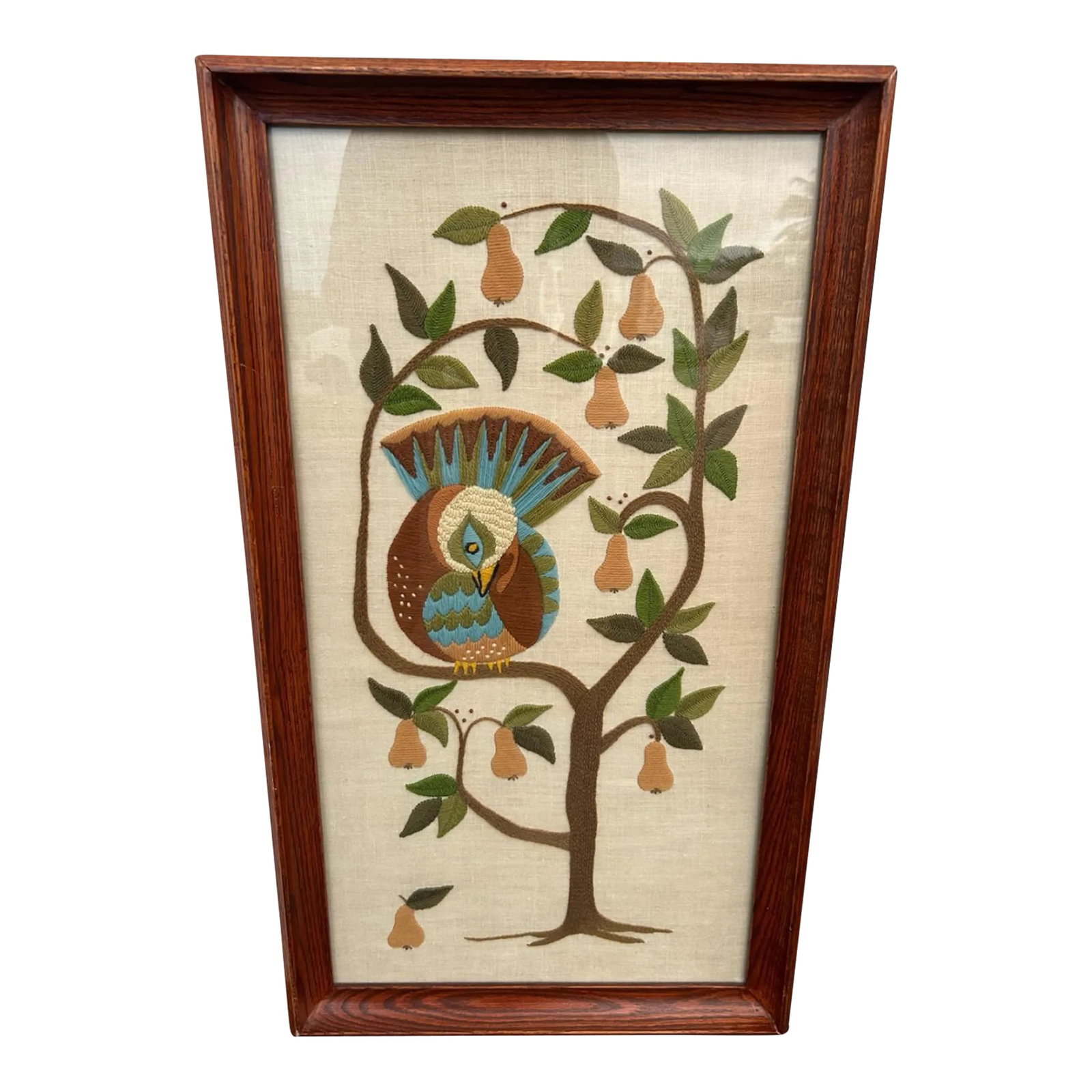 Tall Mid Century Partridge and a Pear Tree Needlepoint: This is a fantastic vintage needlepoint. I think wonderful for the holiday season. Maybe a gift for a Mid Century art lover. Notice the colors and the retro wood frame. This is a partridge in a pear t