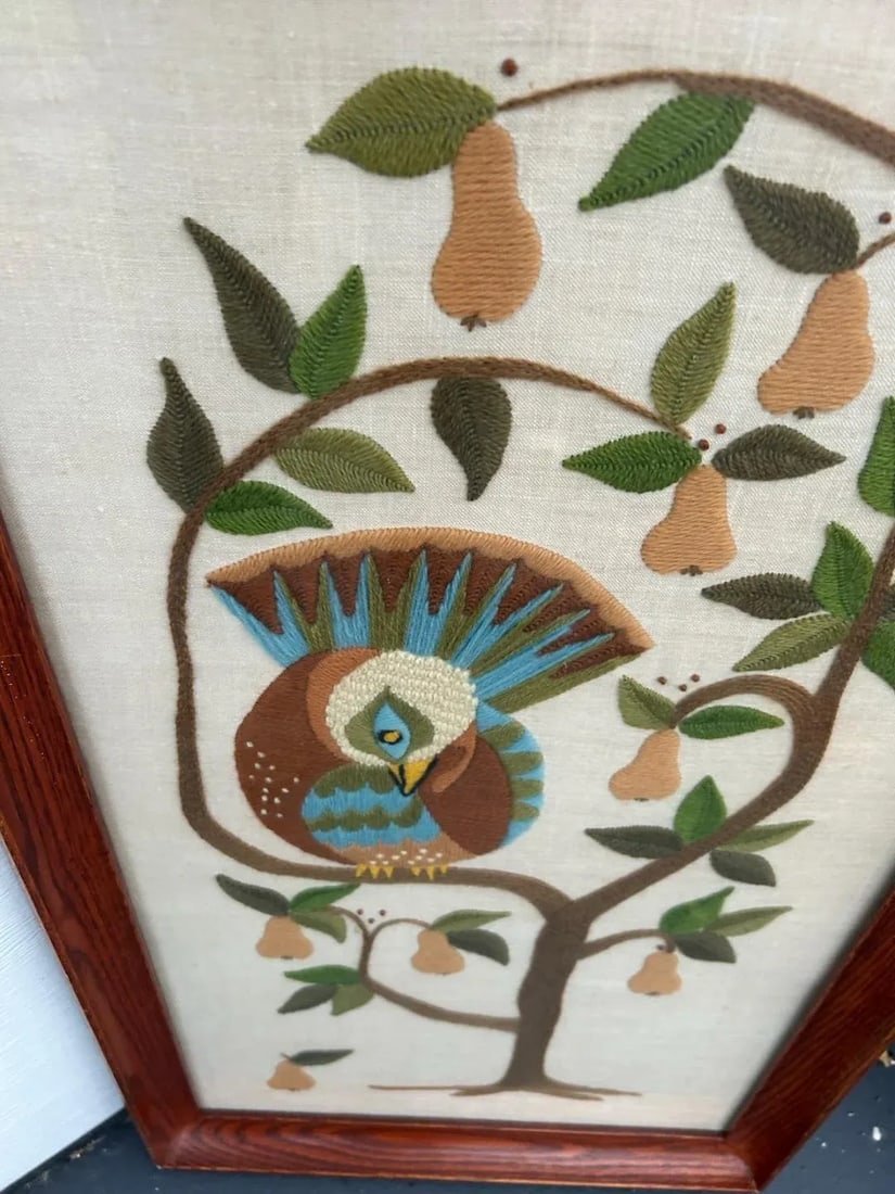 Tall Mid Century Partridge and a Pear Tree Needlepoint - 3
