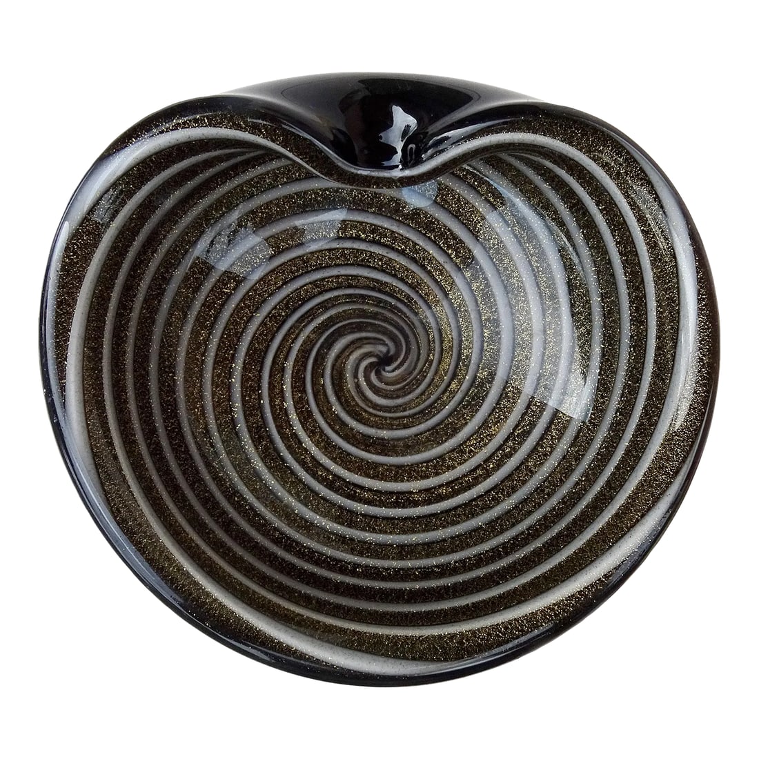 Murano Barbini Black Gold Flecks White Swirl Vintage Italian Art Glass Decorative Personal Bowl Asht: Beautiful vintage Murano hand blown black, white and gold flecks Italian art glass bowl, vide-poche. Documented to designer Alfredo Barbini, circa 1950s. The bowl has a white optic swirl design, and i