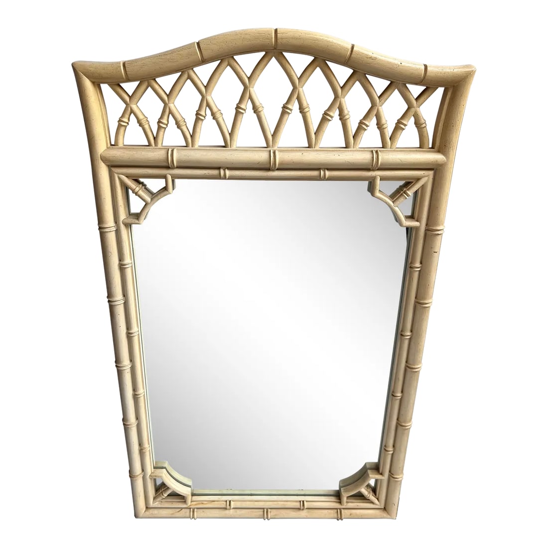 Vintage Faux Bamboo Mirror: Very large and heavy Faux Bamboo Wall Mirror. Chinoiserie in style. Hanging hardware is present on the backside. Marked Thomasville. Condition: Alterations: Original Condition Unaltered