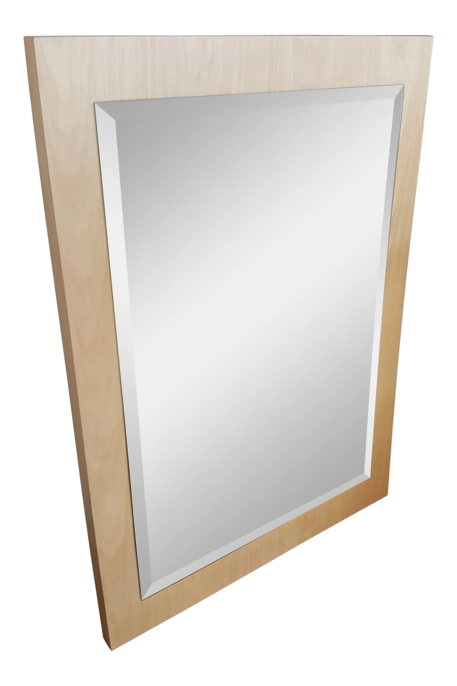 Contemporary Lane Furniture Wall Mirror: Large wall mirror with light colored wood. Beveled glass. This one is heavy. Floor sample in a showroom by Lane. Original retail price was $650. Condition: Alterations: Original Condition Unaltered