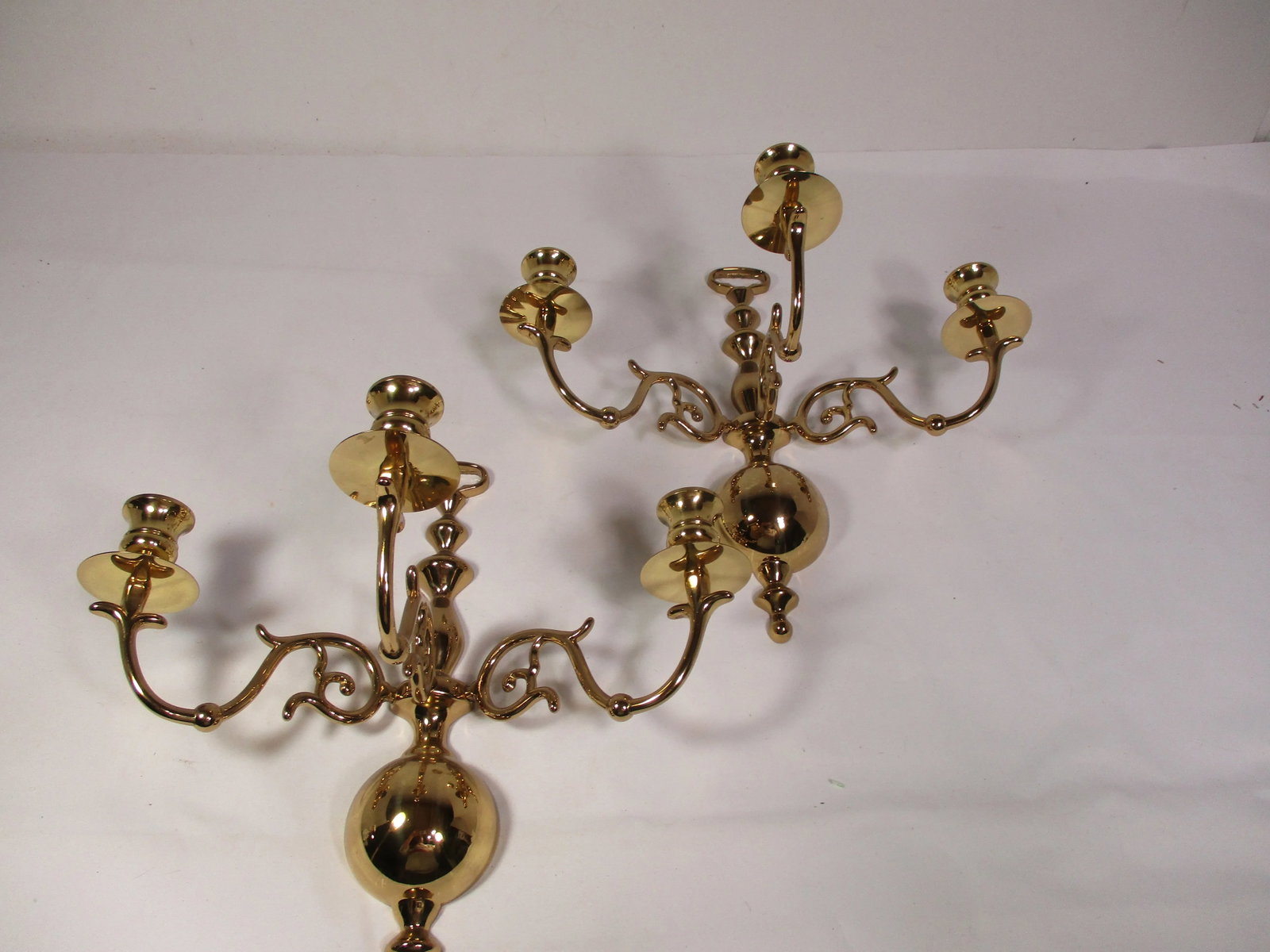 1970s Three Arm Solid Brass Candle Holder Wall Sconces- a Pair - 2