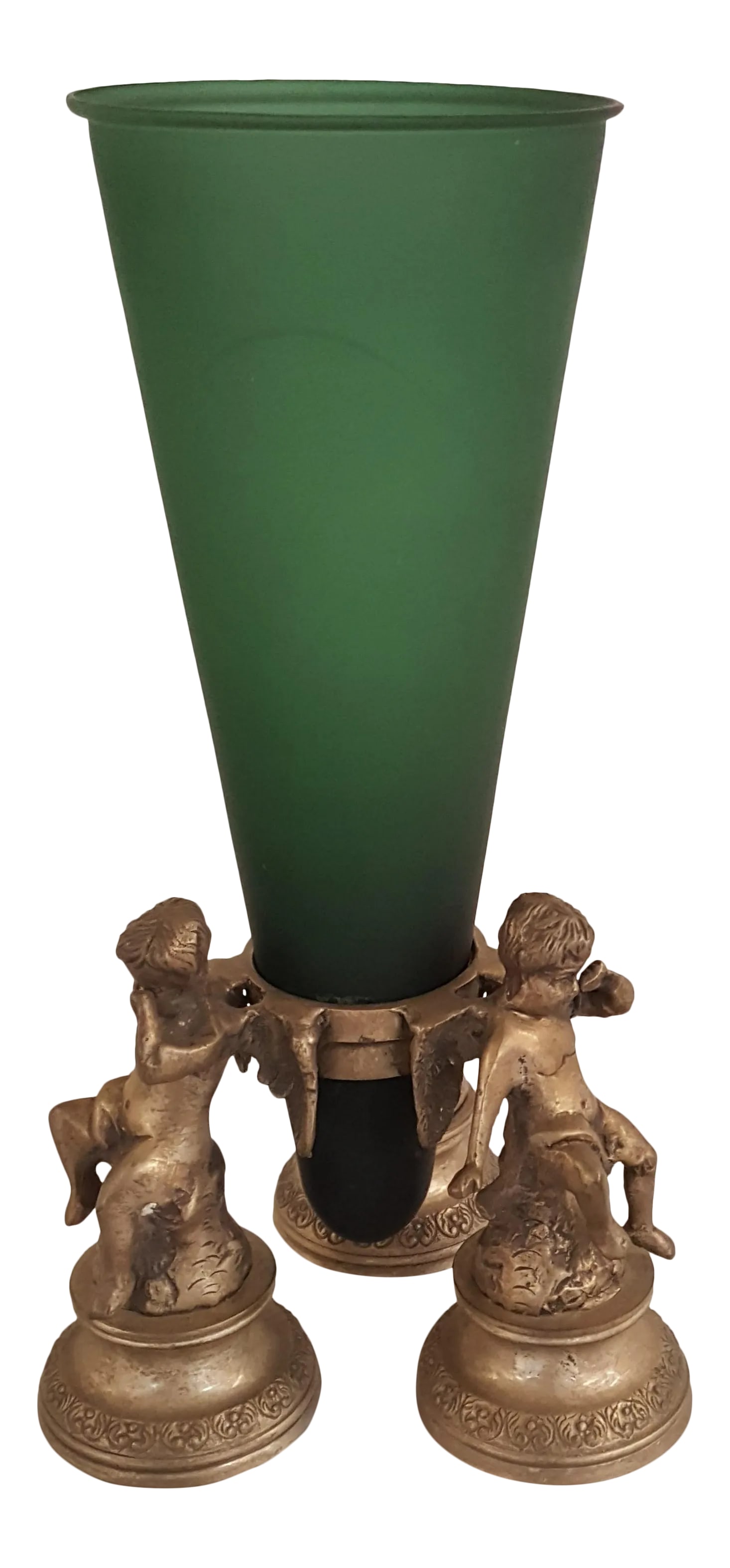 Maitland Smith Green Glass and Brass Epergne: Green glass epergne by Maitland Smith. Three brass figures on the base. Condition: Alterations: Original Condition Unaltered Imperfections: Some Imperfections Condition Notes: This is a showroom floor