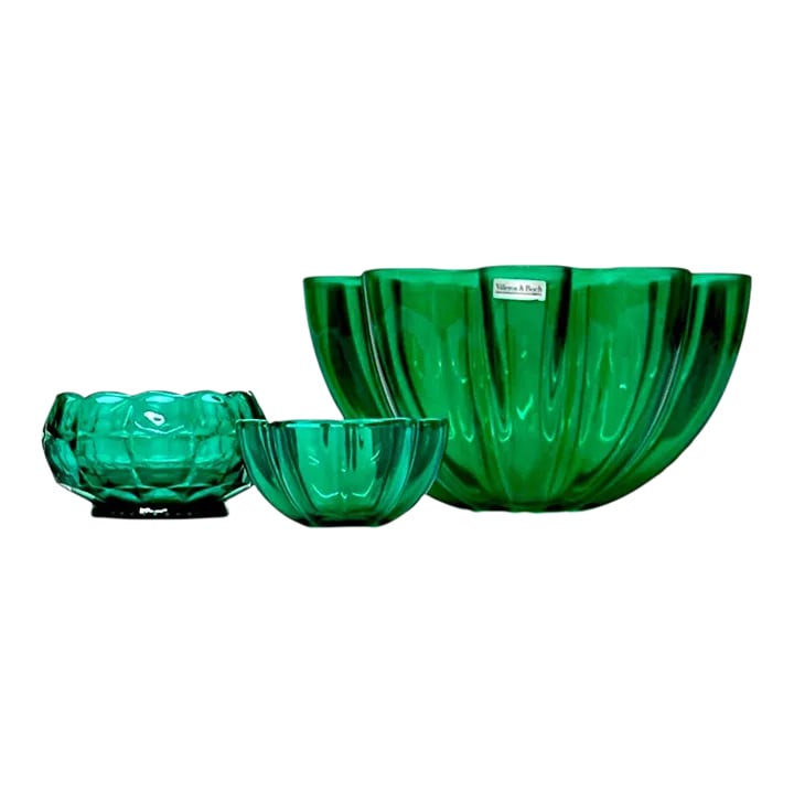Emerald Green Fluted Glass Bowl Curation, Ft. Villeroy & Boch - Group of 3: Green glass bowls, group of 3. A gorgeous set of art deco emerald green bowls in a variety of sizes, from the mid-20th century. The largest one is by Villeroy & Boch. Shortest: 5"W x 2.75"H Tallest: