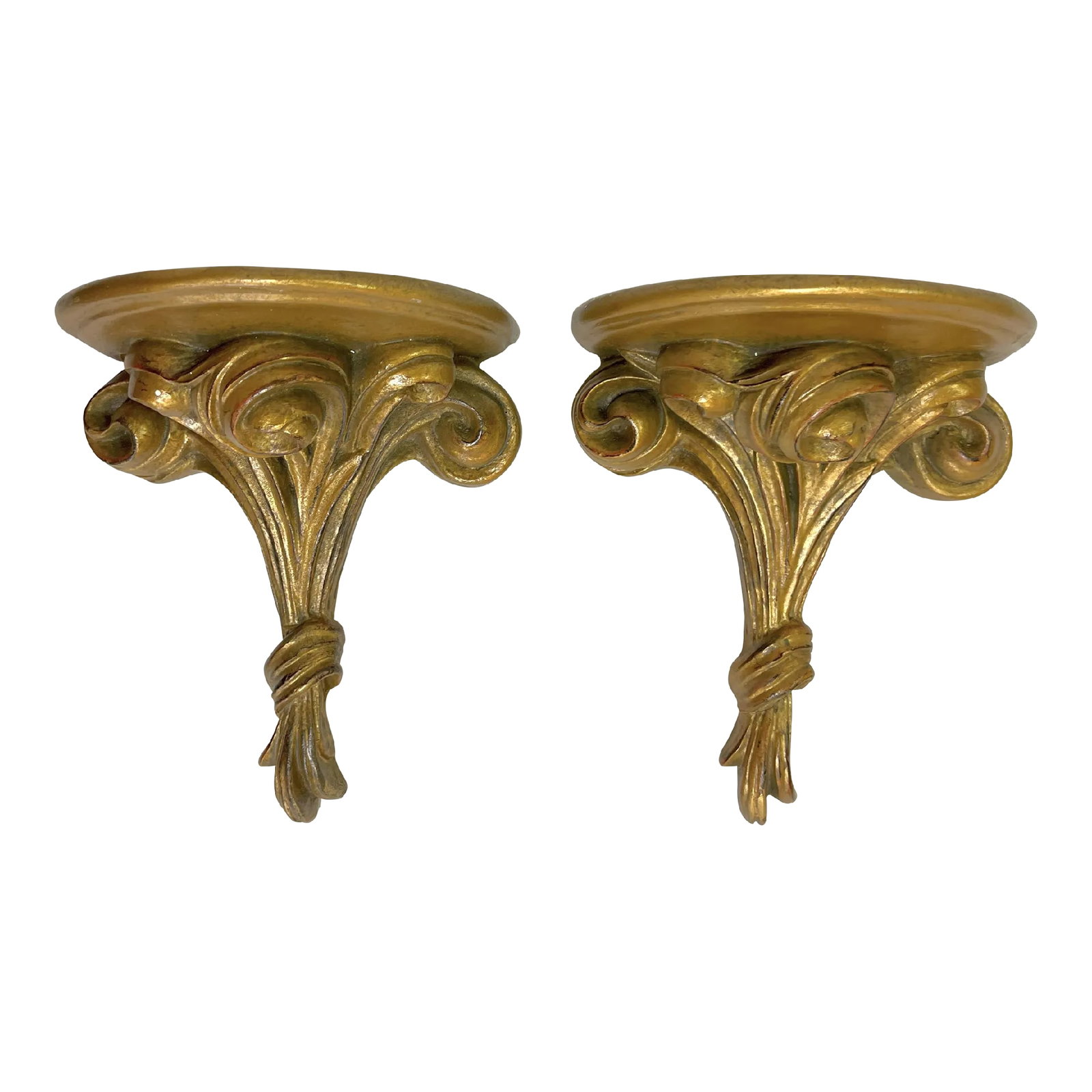 Mid 20th Century Rose Bouquet Wood Wall Brackets- a Pair: Timeless pair of vintage wall brackets from the mid 20th century. They are made of carved wood with a rose bouquet design and are painted to look like gilt wood. Both are labeled 'Made in Mexico' on t