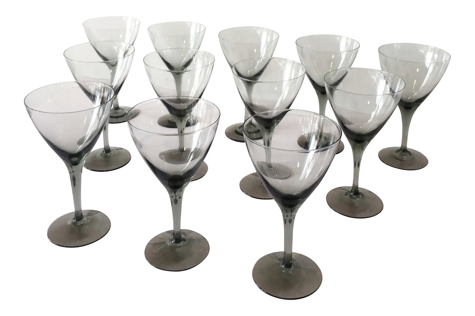 Vintage Smoke Gray Crystal Cordial Glasses - Set of 12: These vintage cordial glasses are beautiful and perfect for any bar. The smoke grey transitions from top to bottom creating a very sophisticated ombre effect. These delicate glasses would make a