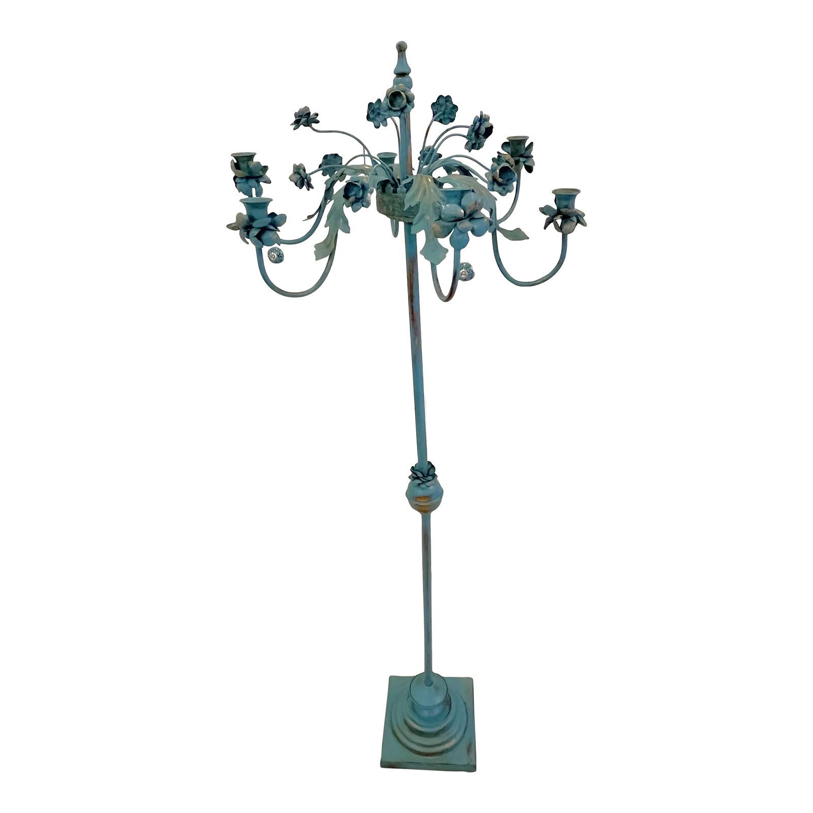 Mid Century Painted Tole 6-Candle Floor Candelabra: Unique mid century painted metal tole six candle floor candelabra. It's been recently faux finished in a turquoise paint with gold and antiquing for a patinated look. Candles in photo are not included