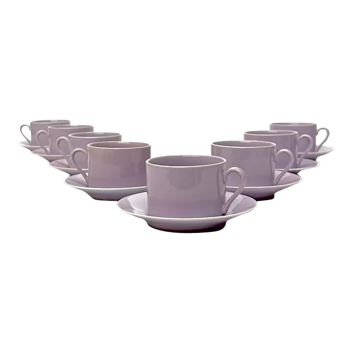 1980s Fitz and Floyd Coffee Cups and Saucers Set- 16 Pieces: Lilac cups and saucers, group of 8. This group of lilac perma-glaze cups and saucers are a timeless modern classic, perfect for your next garden party! Produced by Fitz and Floyd as part of their Tota