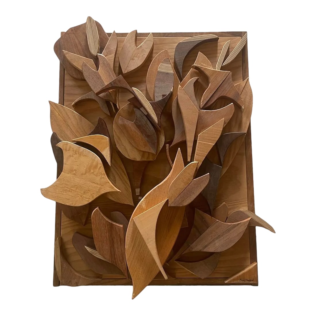 Wood Wall Art Studio Made Wood Carved Assemblage Wall Art: Super textural wood carved wall art. Signed lower right. Condition: Alterations: Original Condition Unaltered Imperfections: Some Imperfections Condition Notes: Good wear is commiserate with age Origi