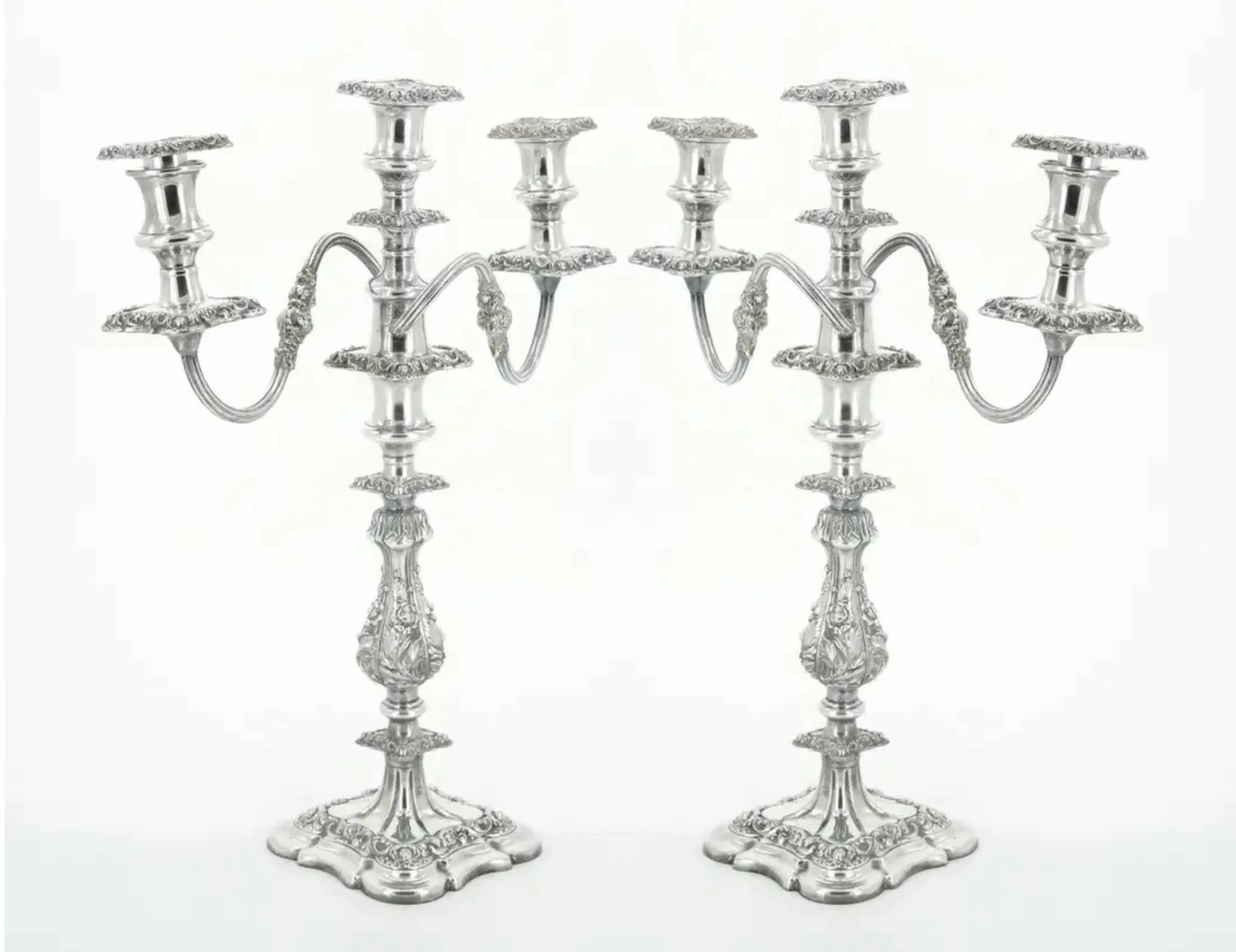 Large Pair Antique Edwardian Silver Plate Three-Light Candelabra - 3