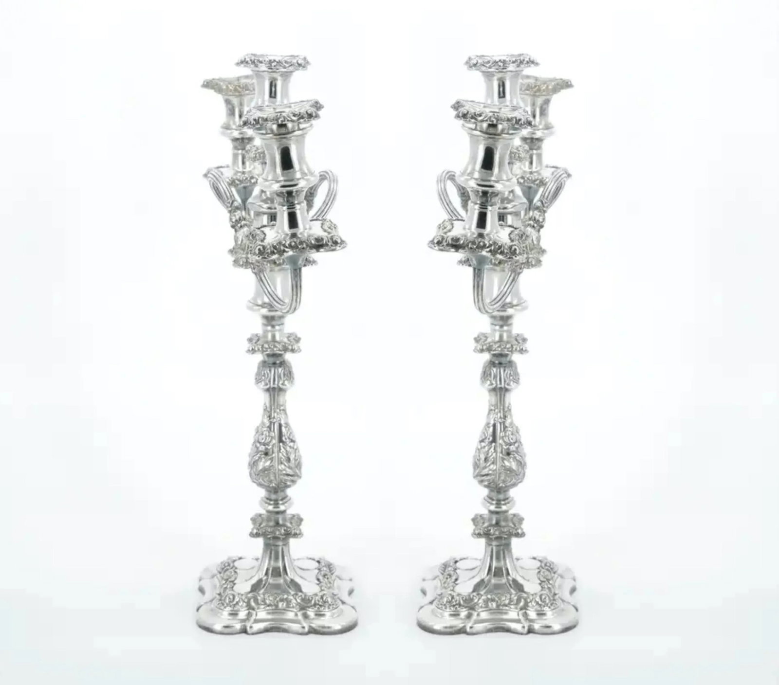 Large Pair Antique Edwardian Silver Plate Three-Light Candelabra - 4
