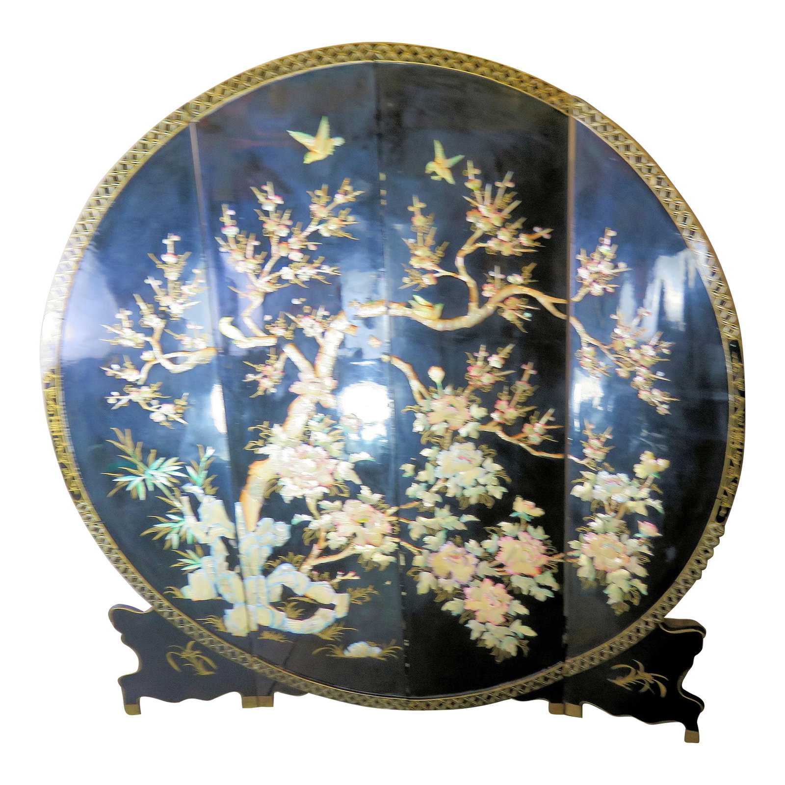 1950s Japanese Art Deco Mahogany Cherry Blossom 4 Panel White Jade and Shell Decorative Screen: I am offering the most splendid piece of Decor yet! look at the mastery of skilled artisan that put their talented hands together to create this magnificent Art Deco 4 panel screen that folds out to r
