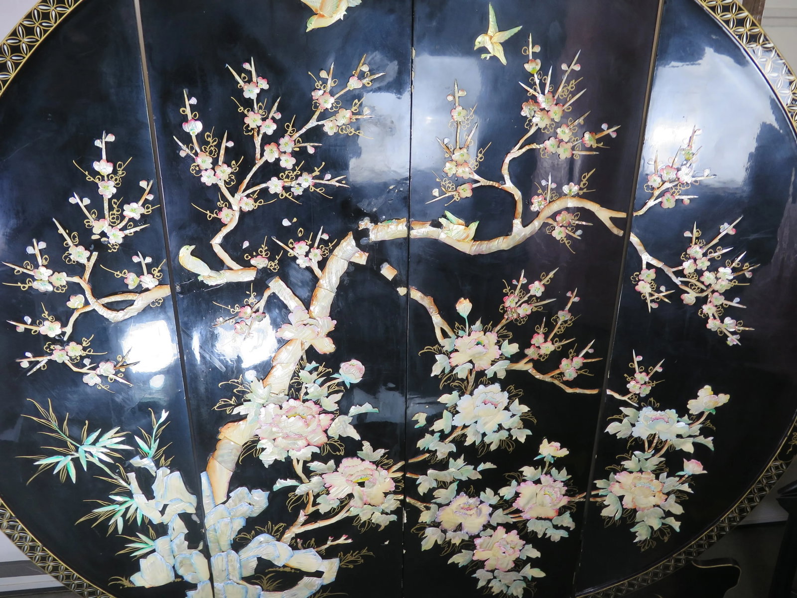 1950s Japanese Art Deco Mahogany Cherry Blossom 4 Panel White Jade and Shell Decorative Screen - 2