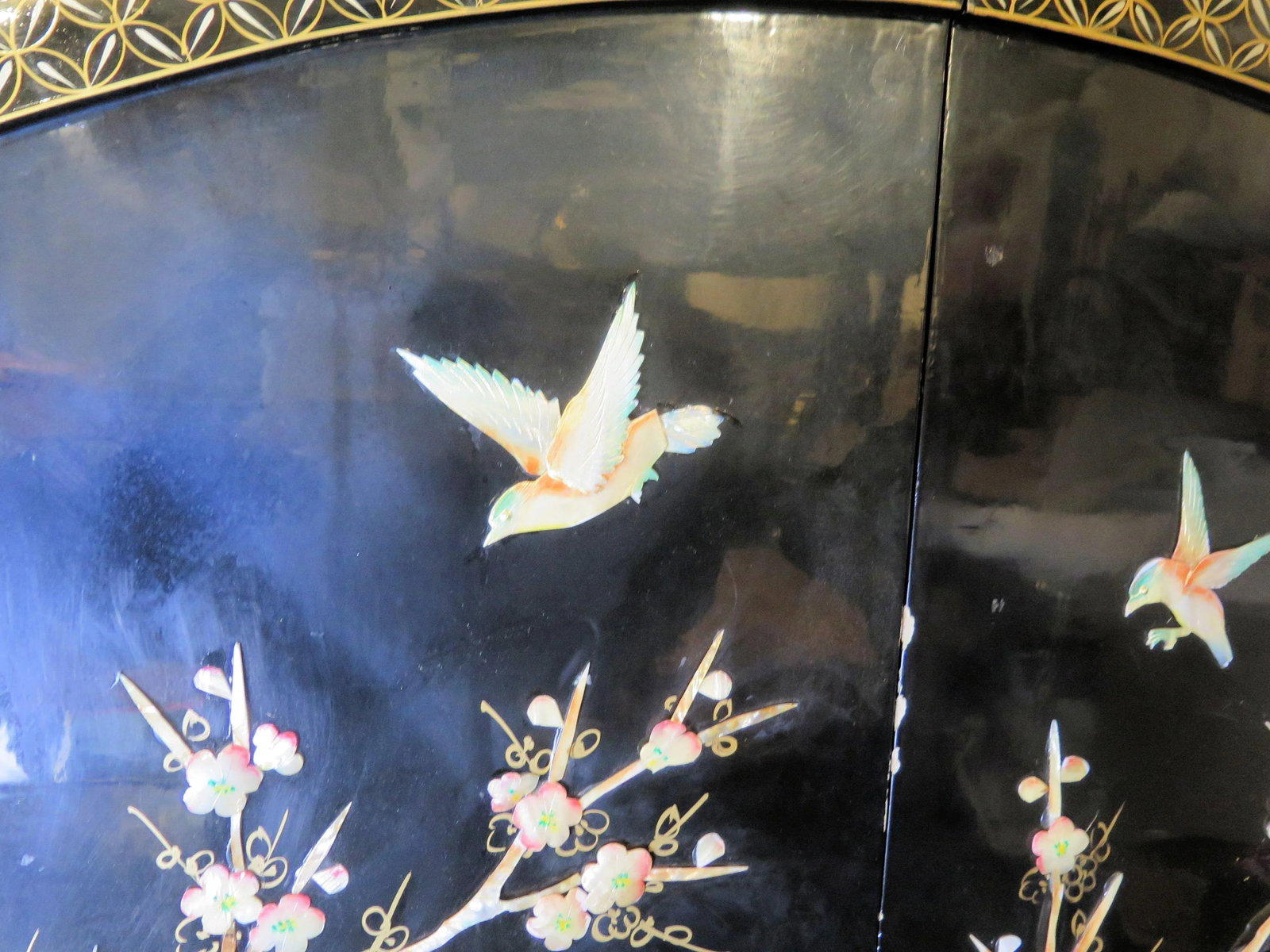 1950s Japanese Art Deco Mahogany Cherry Blossom 4 Panel White Jade and Shell Decorative Screen - 5