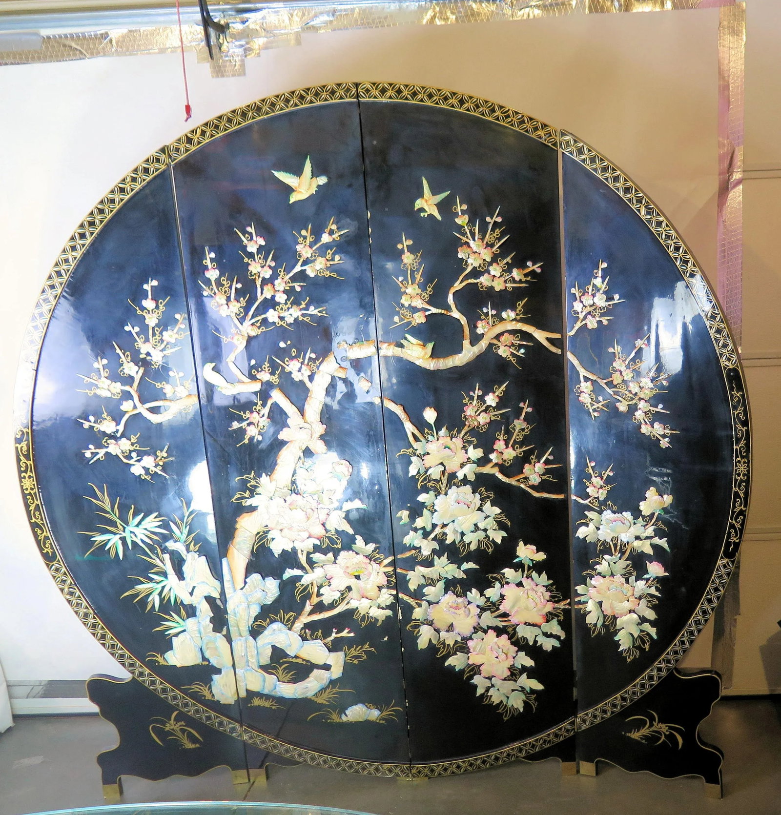 1950s Japanese Art Deco Mahogany Cherry Blossom 4 Panel White Jade and Shell Decorative Screen - 9