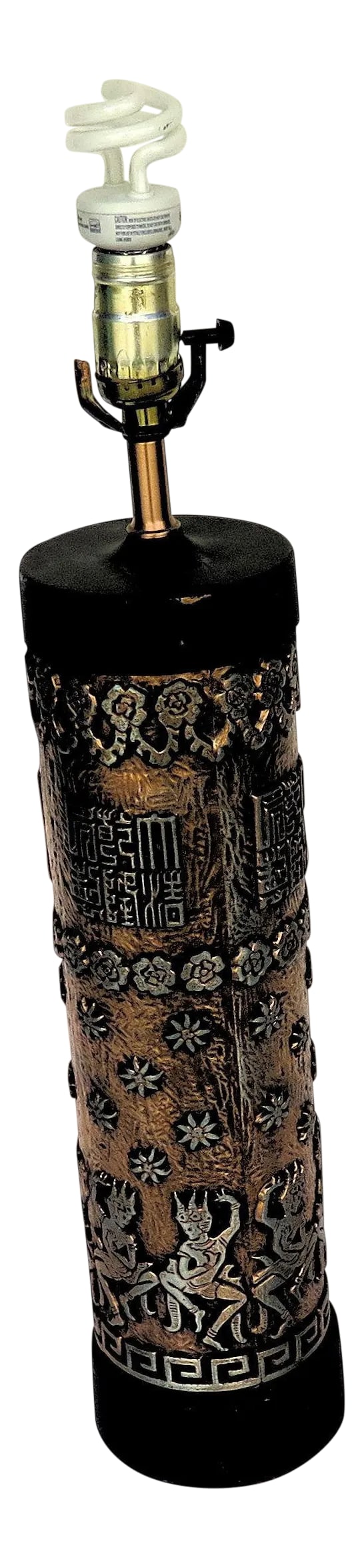 1960's Asian Motif Gold and Silver Table Lamp: 1960's gold and silver stylized Asian motif. It has a heavy black lacquer base and is wired and working. Bought from an estate sale in Los Angeles. California on a very hot fall day!! Condition: