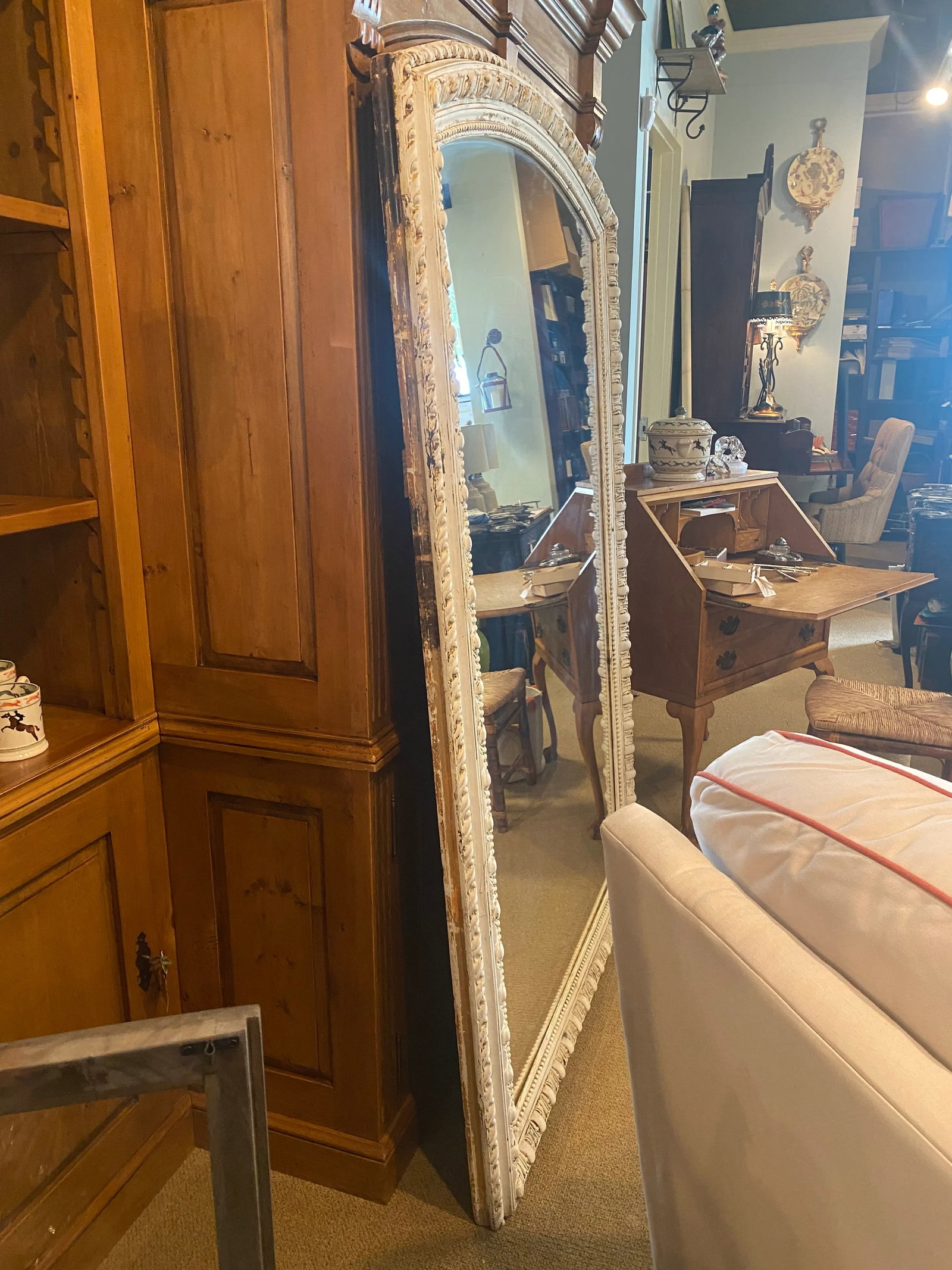 Oversized Antique Frame Mirror in Distressed White Finish - 3