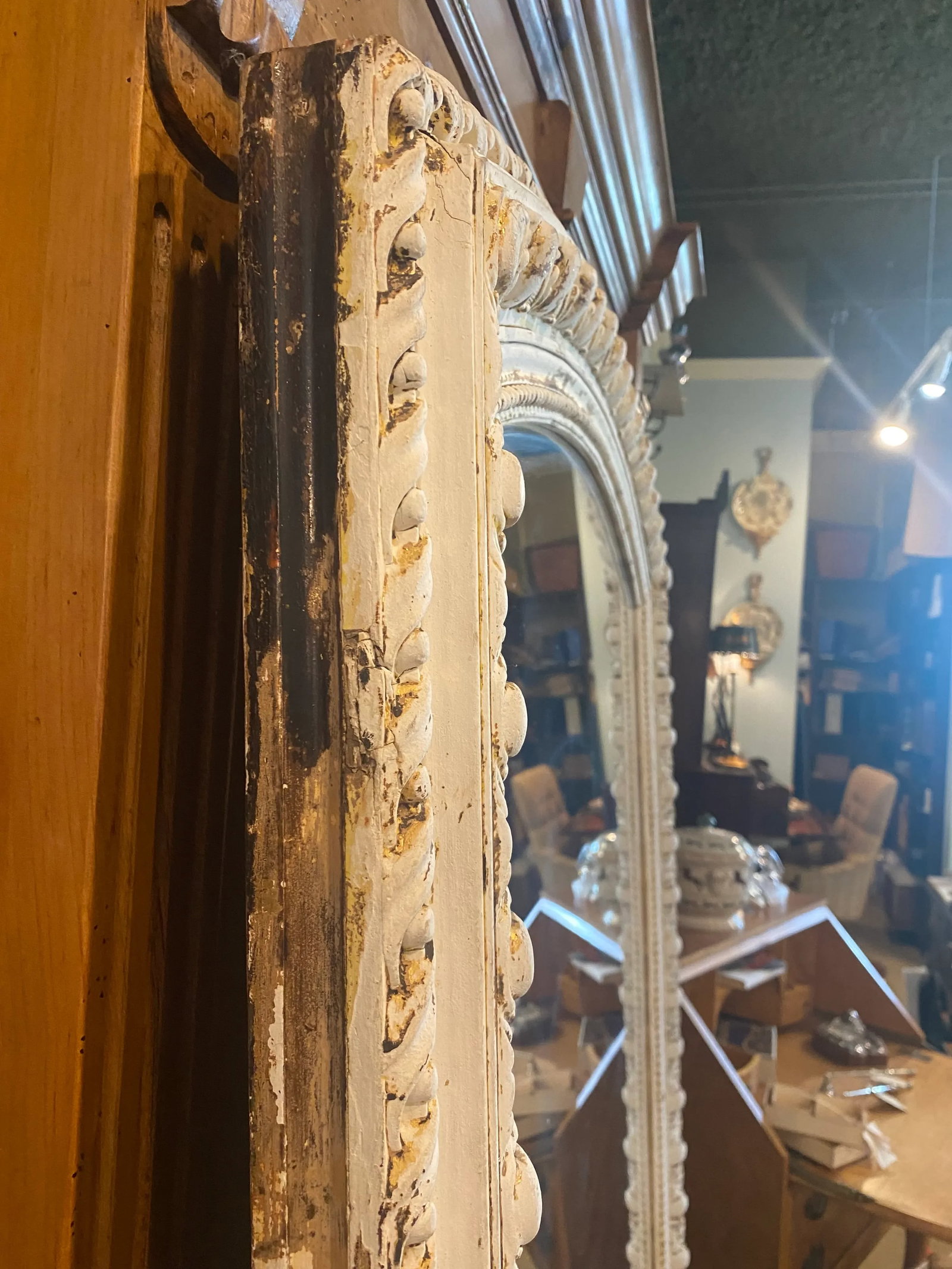 Oversized Antique Frame Mirror in Distressed White Finish - 4