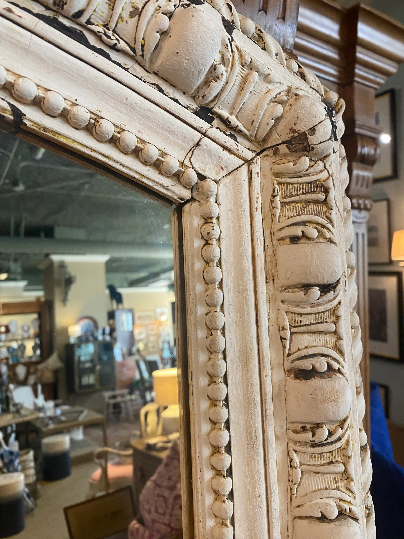 Oversized Antique Frame Mirror in Distressed White Finish - 6
