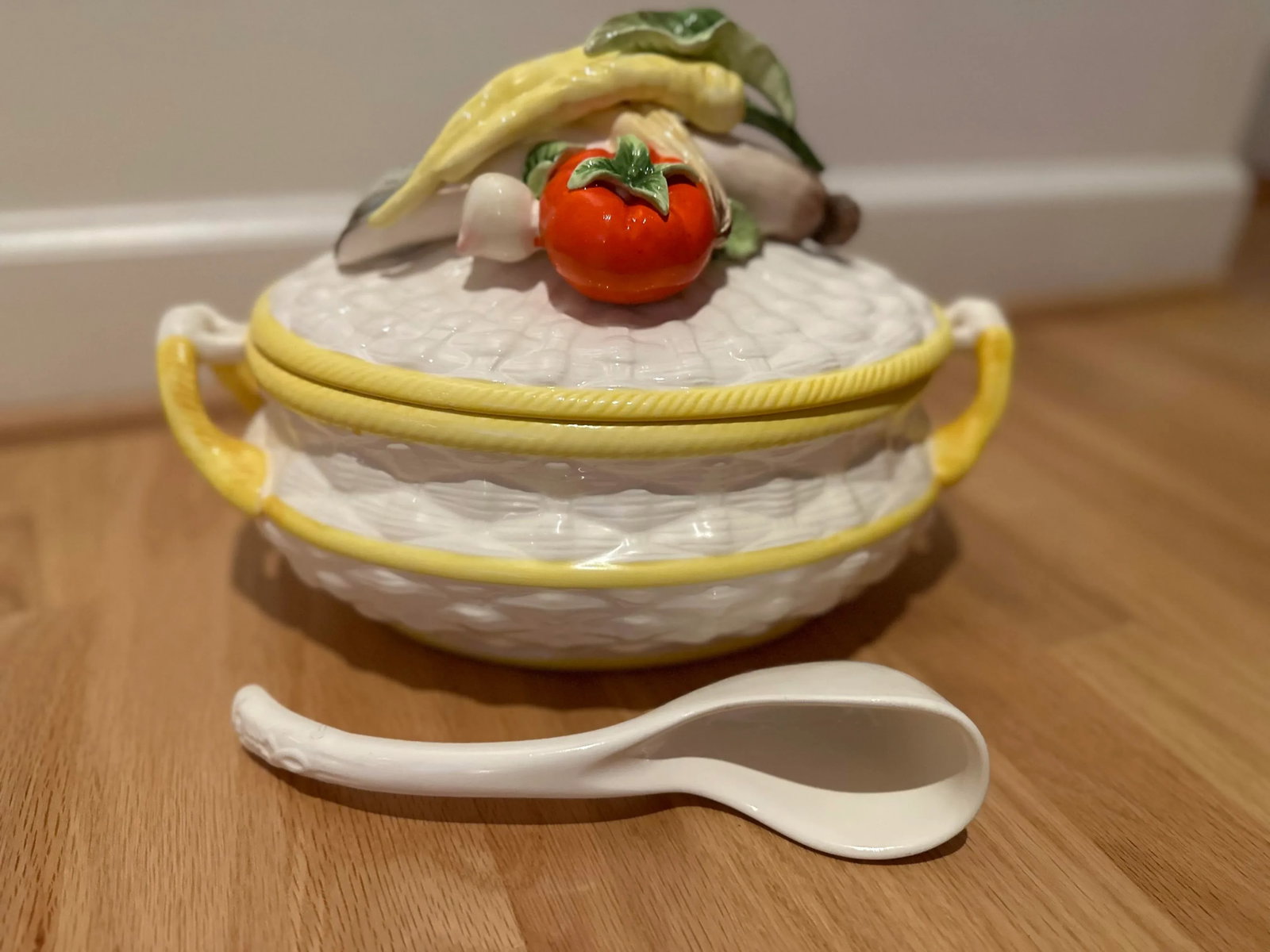Antique Majolica Ceramic Soup Tureen With Vegetables - Comes With Lid and Spoon - 11