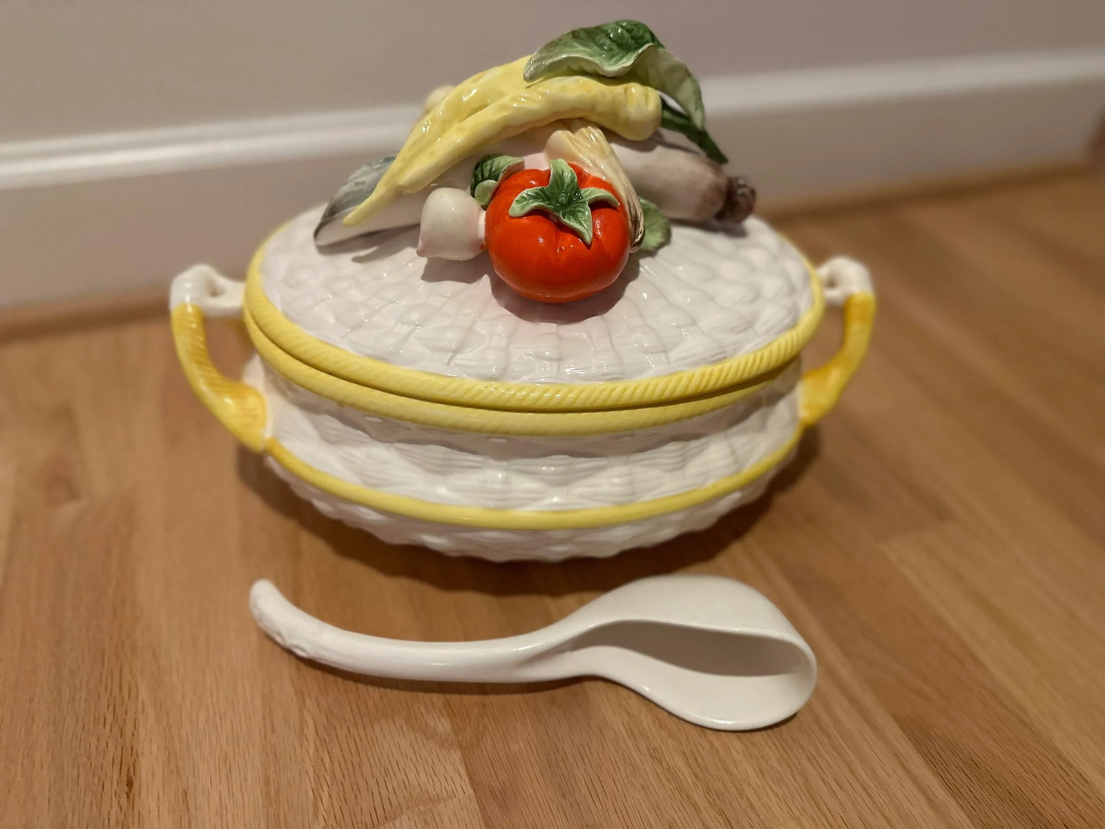 Antique Majolica Ceramic Soup Tureen With Vegetables - Comes With Lid and Spoon - 12
