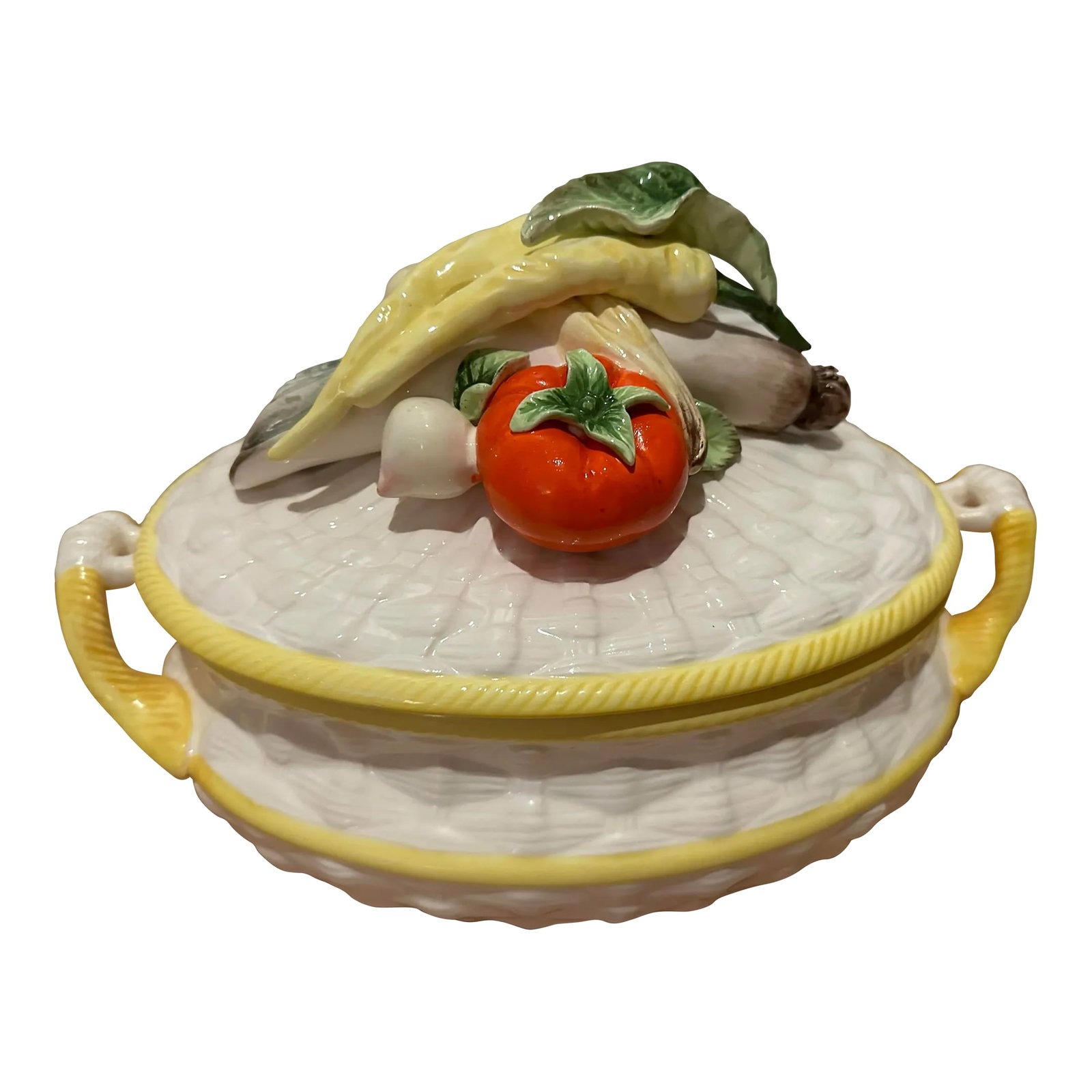 Antique Majolica Ceramic Soup Tureen With Vegetables - Comes With Lid and Spoon: This charming mid-century majolica tureen features a bevy of freshly "picked" trompe l'oeil vegetables on its lid. Includes original matching glazed ceramic ladle. In excellent vintage condition with 
