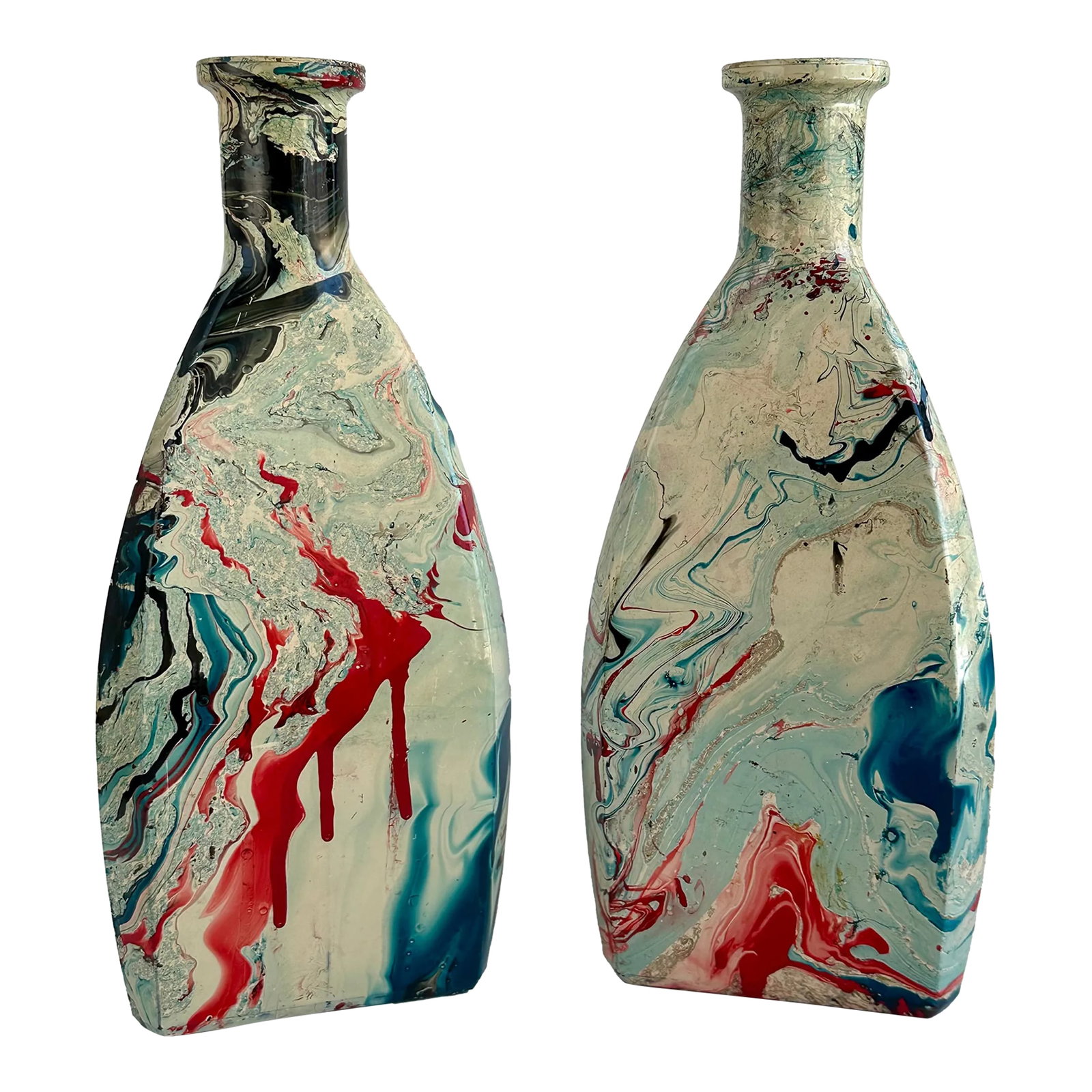 Americana Faux Marble Coated Glass Bottles - a Pair: These 1950's clear glass liquor decanters are coated with a matching faux marble finish in patriotic red, white and blue (from the era). This matching pair would provide an eye-catching symmetrical