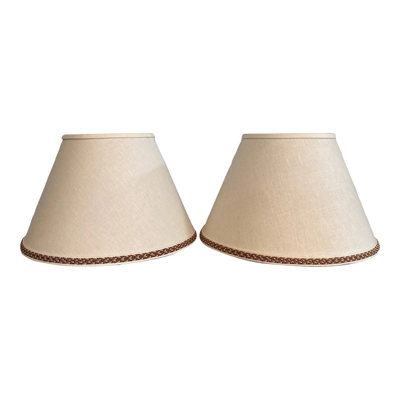 Late 20th Century Off White Linen Lampshades a Pair: Listing is for a pair of vintage custom made off white linen lampshades with braided fall hued trim along the bottom. 8.5" top x 10" h x 16" bottom Condition: Alterations: Original Condition