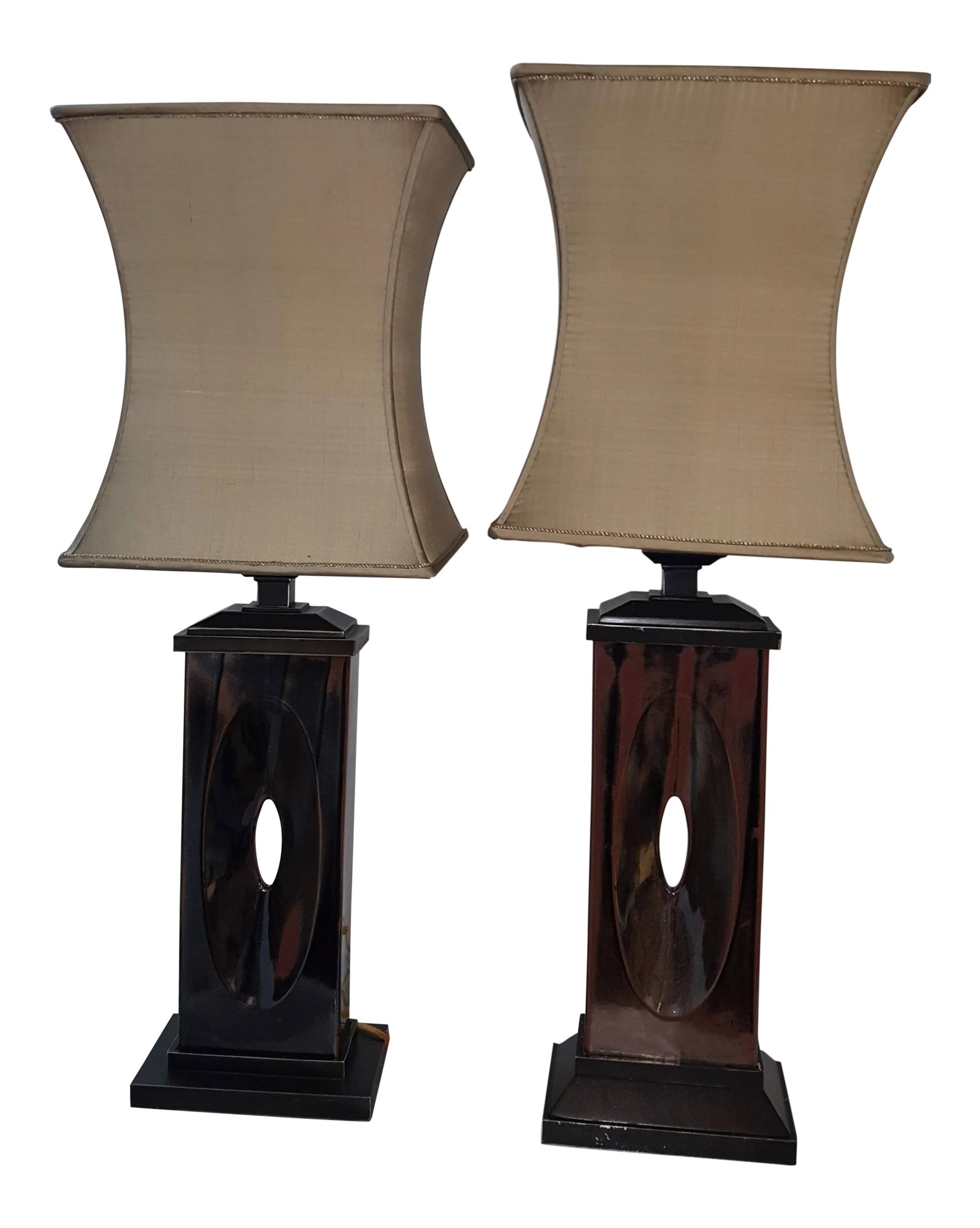 Maitland Smith Table Lamps - A Pair: Maitland Smith lamps. One is 37" high and one is 38" high. Brown bases, the shades have a slight greenish taupe color. This is not in perfect condition. Original retail price was $879 Condition: