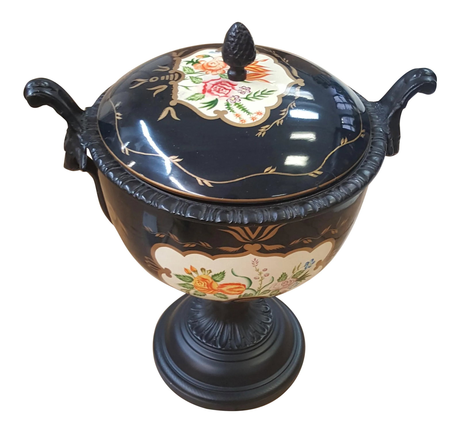 Maitland Smith Cloisonne Pot With Lid: Maitland Smith pot, or bowl on a base with lid. Cloisonne work. Beautiful decorative piece. It is metal and not light weight. This is a showroom sample on display in a showroom for interior design. Co