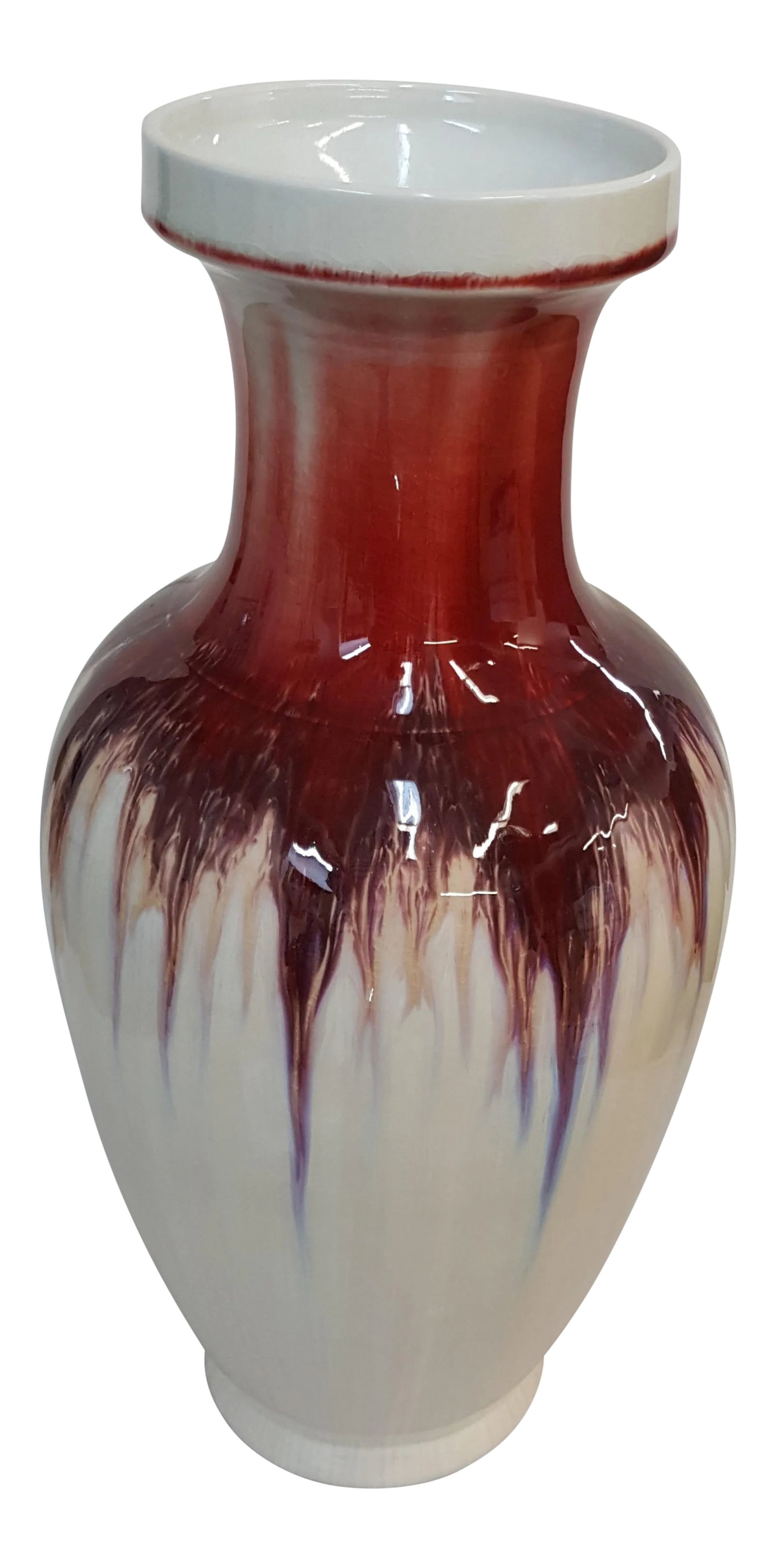 Maitland Smith Hand Painted Ivory and Red Color Vase: These beauties are floor samples in our showroom for interior design. Hand painted multi-color Drip glaze on off-white porcelain vase. Off white, red, some blue, almost like a flame. We have 2 of
