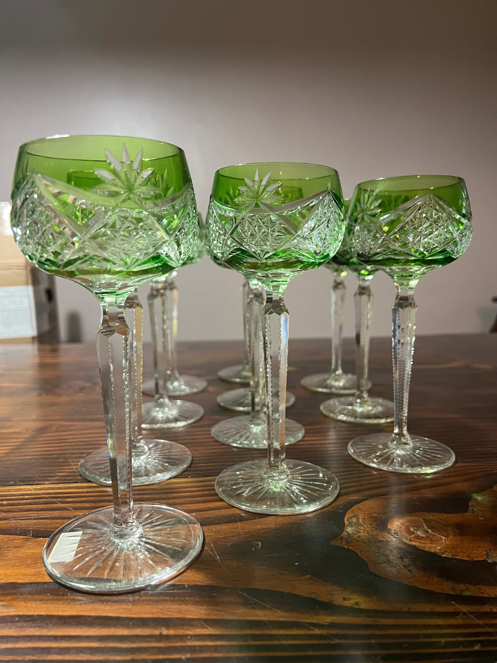 Vintage Val St Lambert Green Cut to Clear Crystal Hock Wine Glasses- Set of 11 - 4