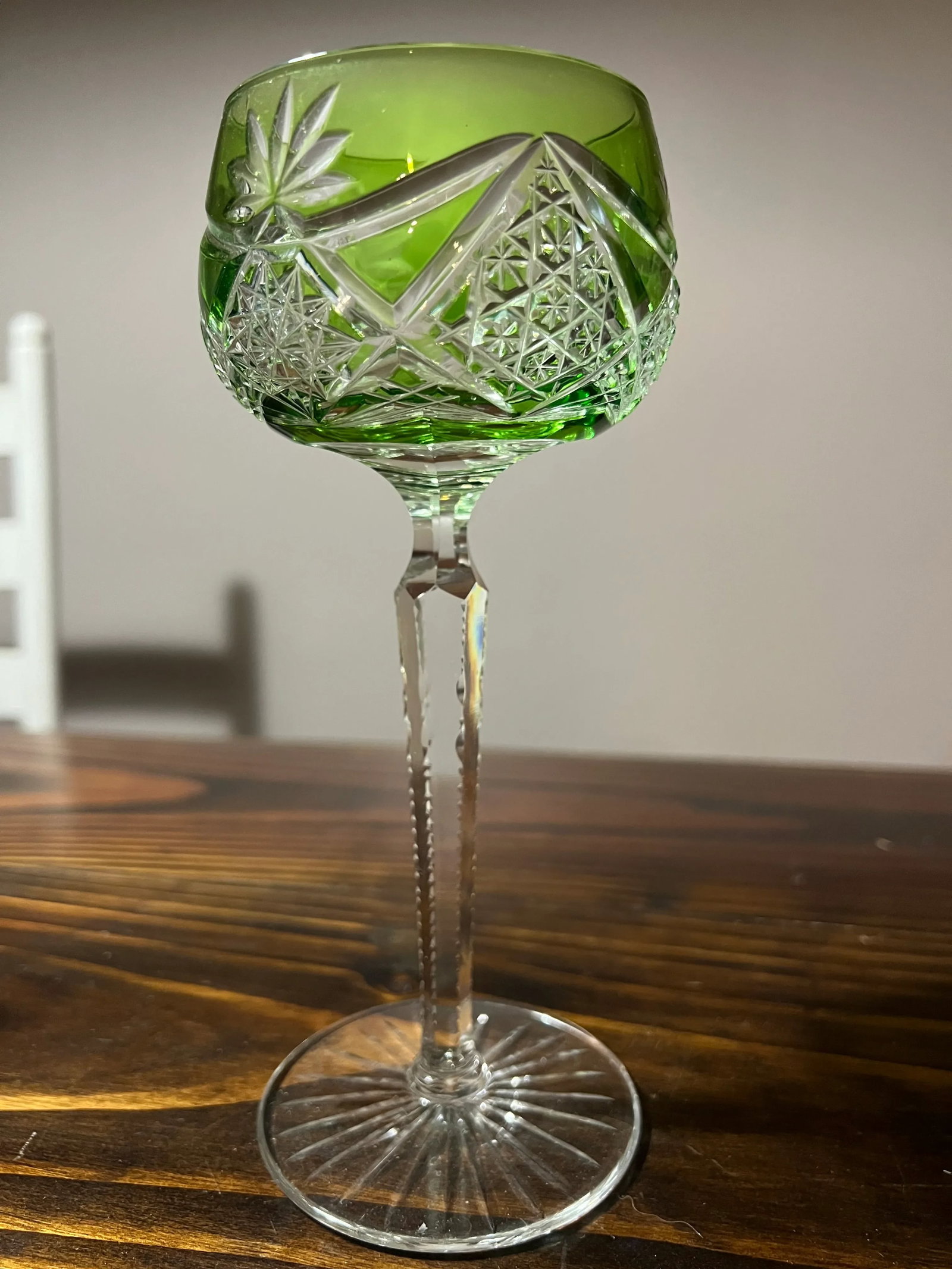 Vintage Val St Lambert Green Cut to Clear Crystal Hock Wine Glasses- Set of 11 - 5