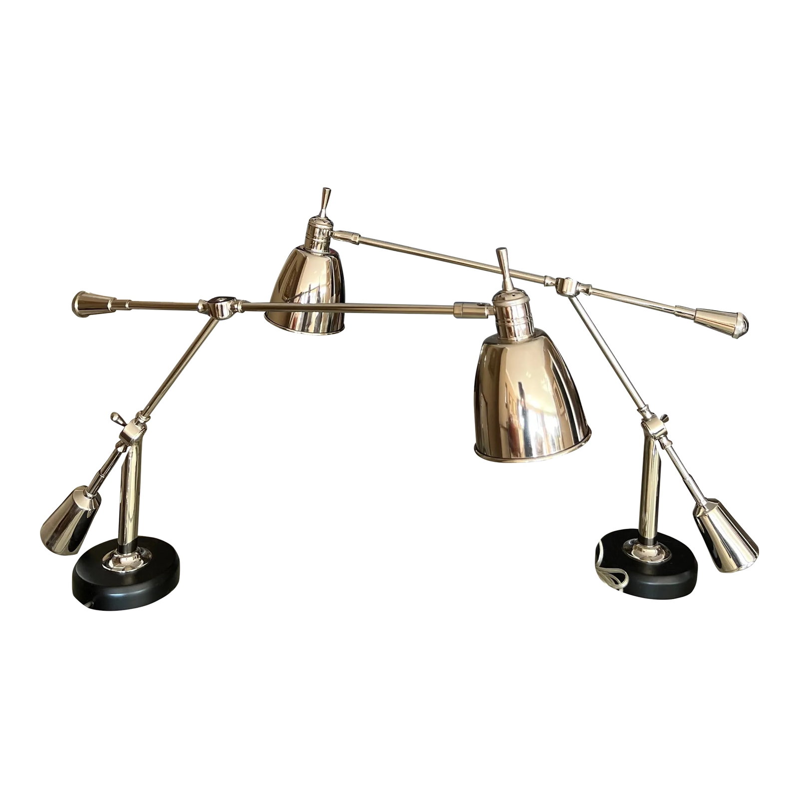 Set of 2 Ethan Allen Desk Lamps: Sleek and stylish set of chrome desk lamps with balance arm and swivel head to adjust height. Maximum 60 watt bulb. Purchased 2006, stored and never used. Two small spots on one shade. One lamp has a 