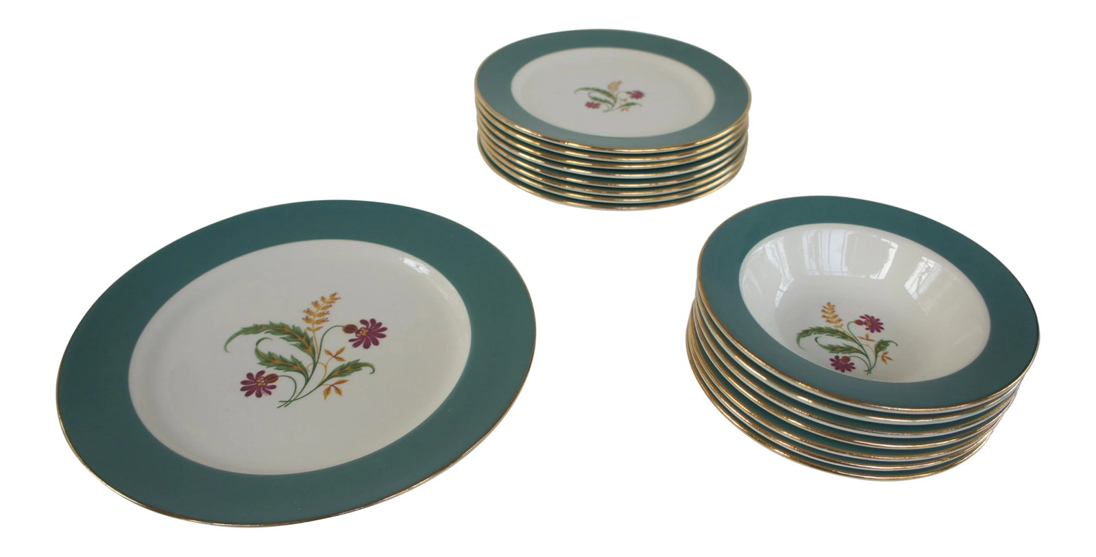 Homer Laughlin Cavalier Eggshell Berkshire Pattern, Gold Rim, Teal Band, Flower Center China - Set o: An elegant and playful set of 16 pieces of Homer Laughlin Cavalier Eggshell Berkshire pattern china, featuring gold rim, teal color band, and a flower center. The set consists of 1 large plate (9 3/8
