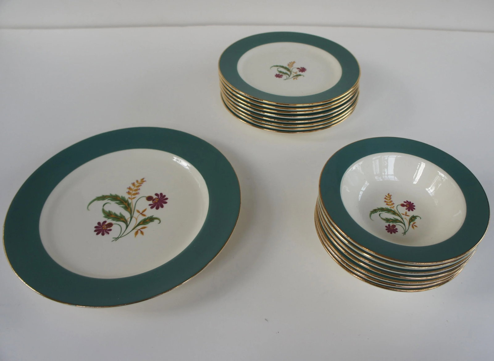 Homer Laughlin Cavalier Eggshell Berkshire Pattern, Gold Rim, Teal Band, Flower Center China - Set o - 2