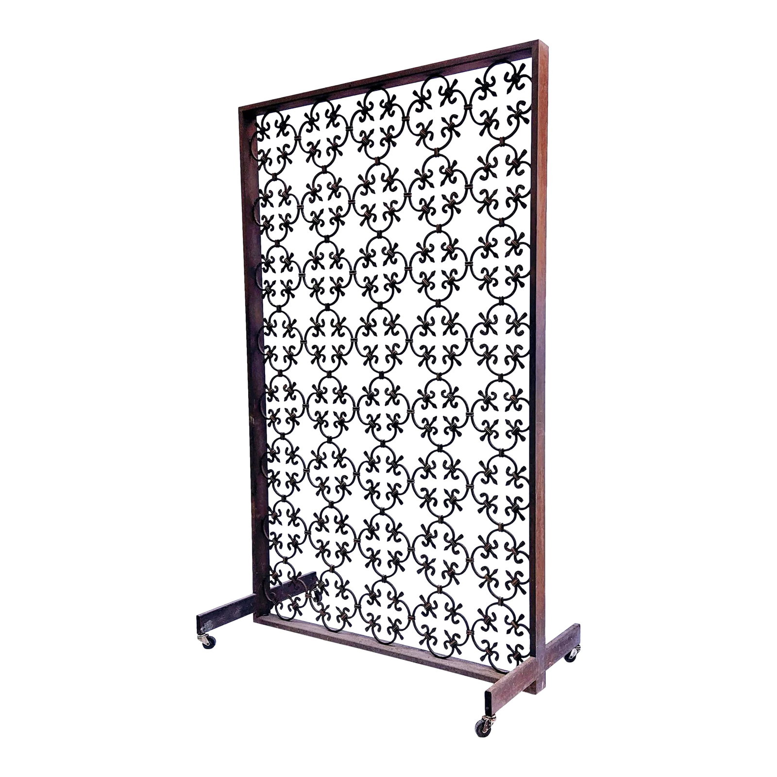 Large 1960s Gothic Style Decorative Wrought Iron Panel / Screen With Fleur De Lis Design: Large decorative wrought iron panel having nicely detailed, ornamental metalwork pattern of quatrefoil motifs with fleur de lis accents. Panels have a lovely aged patina. Two available, priced