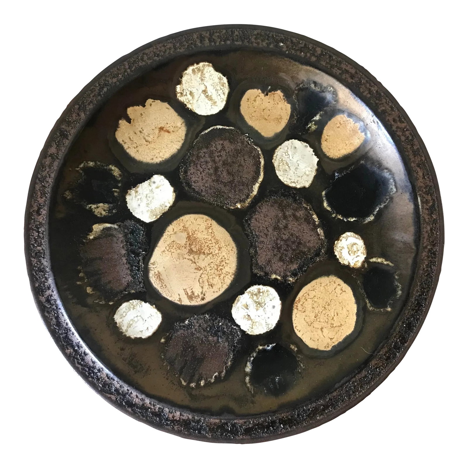 Signed Monumental Italian Brutalist Fat Lava Glaze Pottery Platter/ Wall Plate: The inscription on the back appears to be in Italian (a friend....?). The glaze has a lot of textures. Has holes on the back to hang. Glaze has not been tested for food safety. Condition: