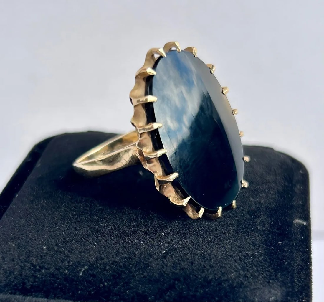 Oval Black Onyx Slab 14k Yellow Gold Ring Size 6.75 - 6
