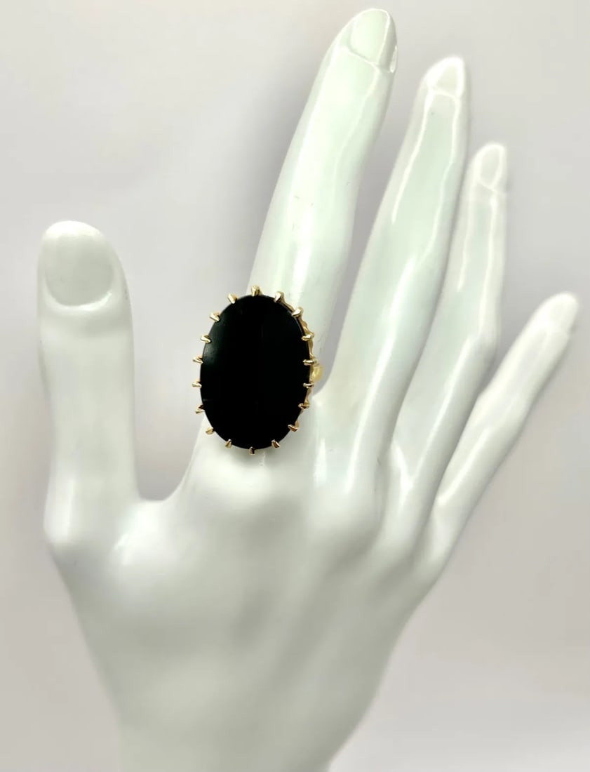 Oval Black Onyx Slab 14k Yellow Gold Ring Size 6.75 - 7