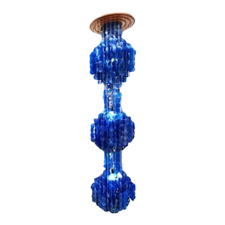 Mid-Century Modern Verner Panton Style Blue Capiz Shell Chandelier: Beautiful blue capiz shell three tier chandelier The shells are suspended from a wood base and overall measures 16" x 16" x 68" Condition: Alterations: Original Condition Unaltered Imperfections: