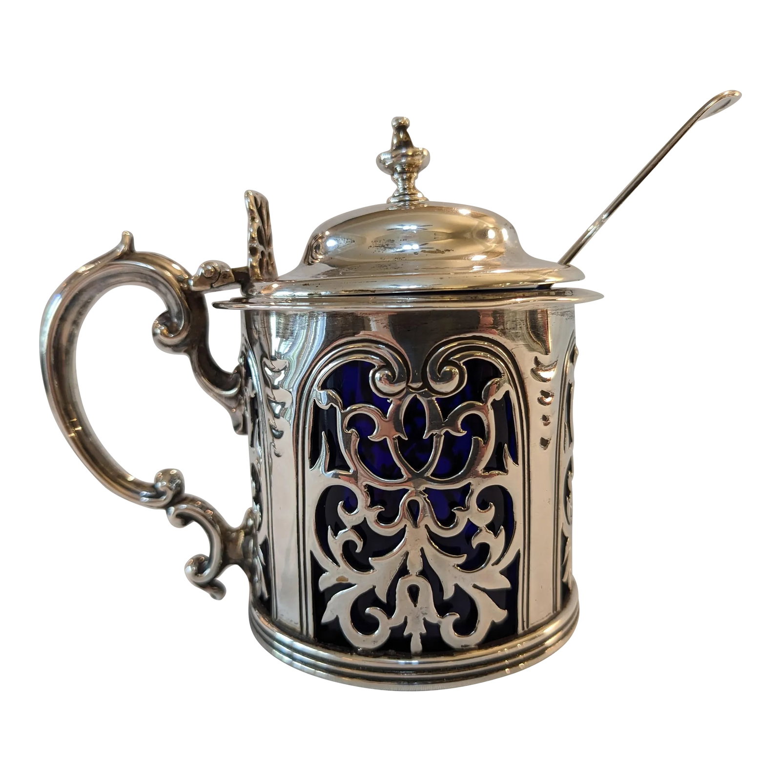 London Antique Sterling Silver Filigree Mustard Pot With Spoon, No Monograms: A marvelous, heavy, decorative, sterling silver mustard pot made by Edward Barnard and John Barnard, registered in London 1858. The unusual open-work, as if looking through arched windows, allows the 