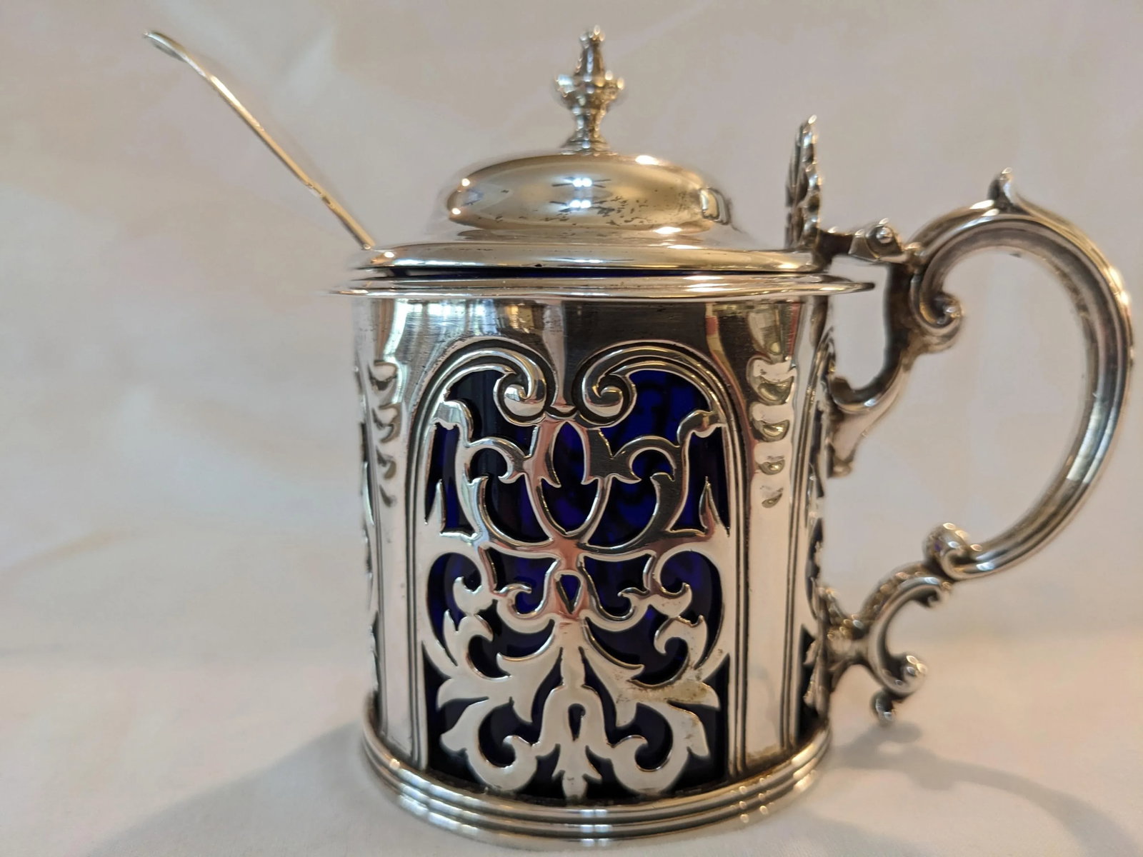 London Antique Sterling Silver Filigree Mustard Pot With Spoon, No Monograms - 2