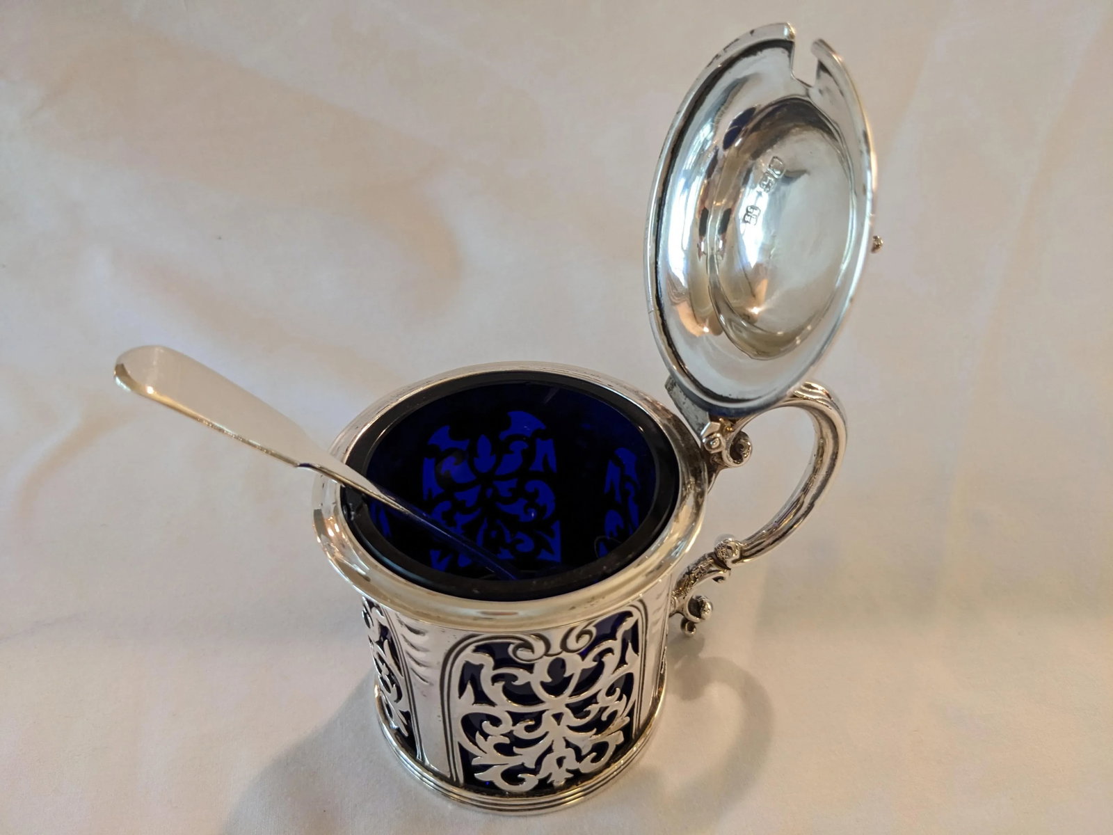 London Antique Sterling Silver Filigree Mustard Pot With Spoon, No Monograms - 4