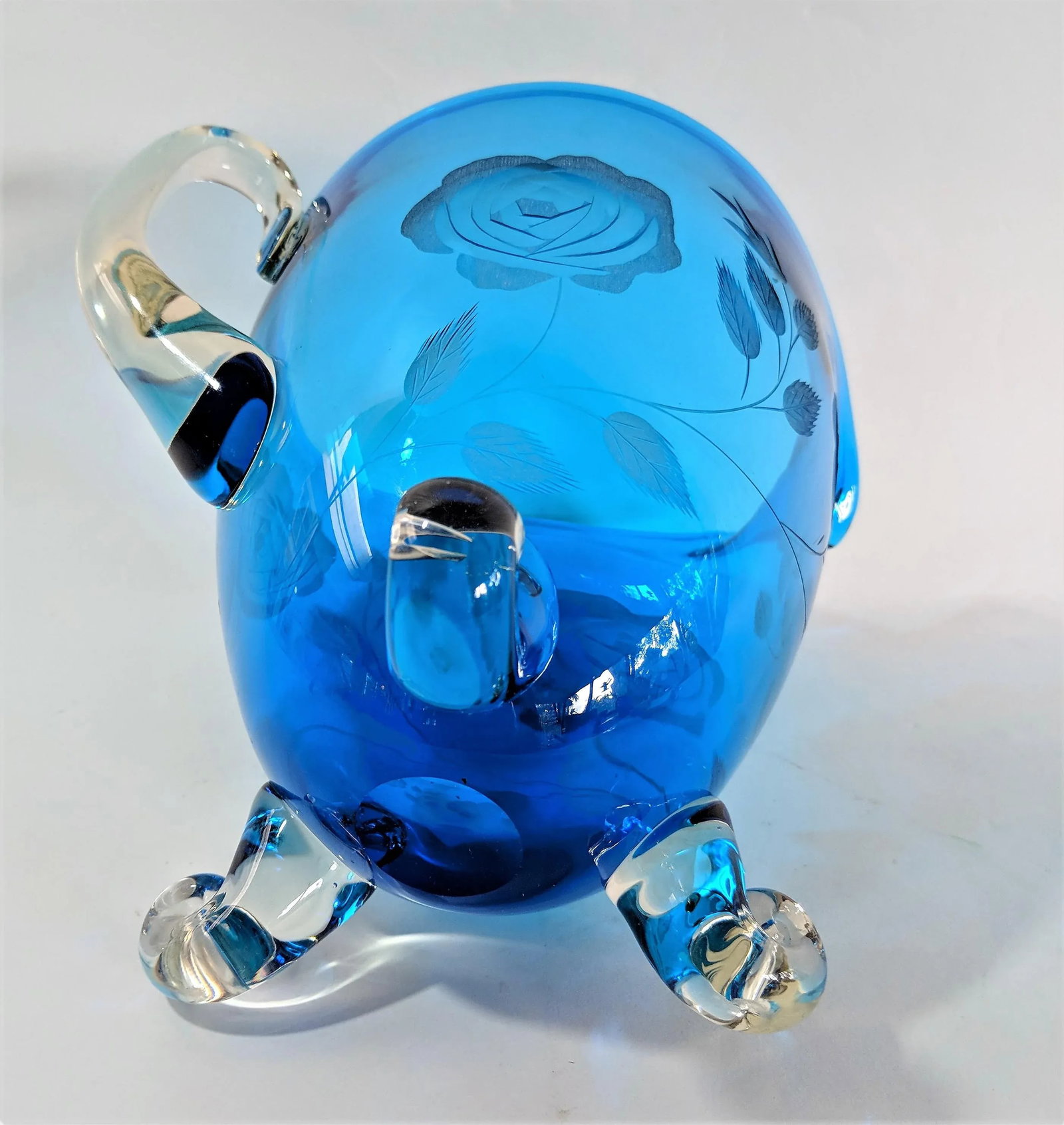 1960s Vintage Hand Blown Blue Glass Pitcher - 10