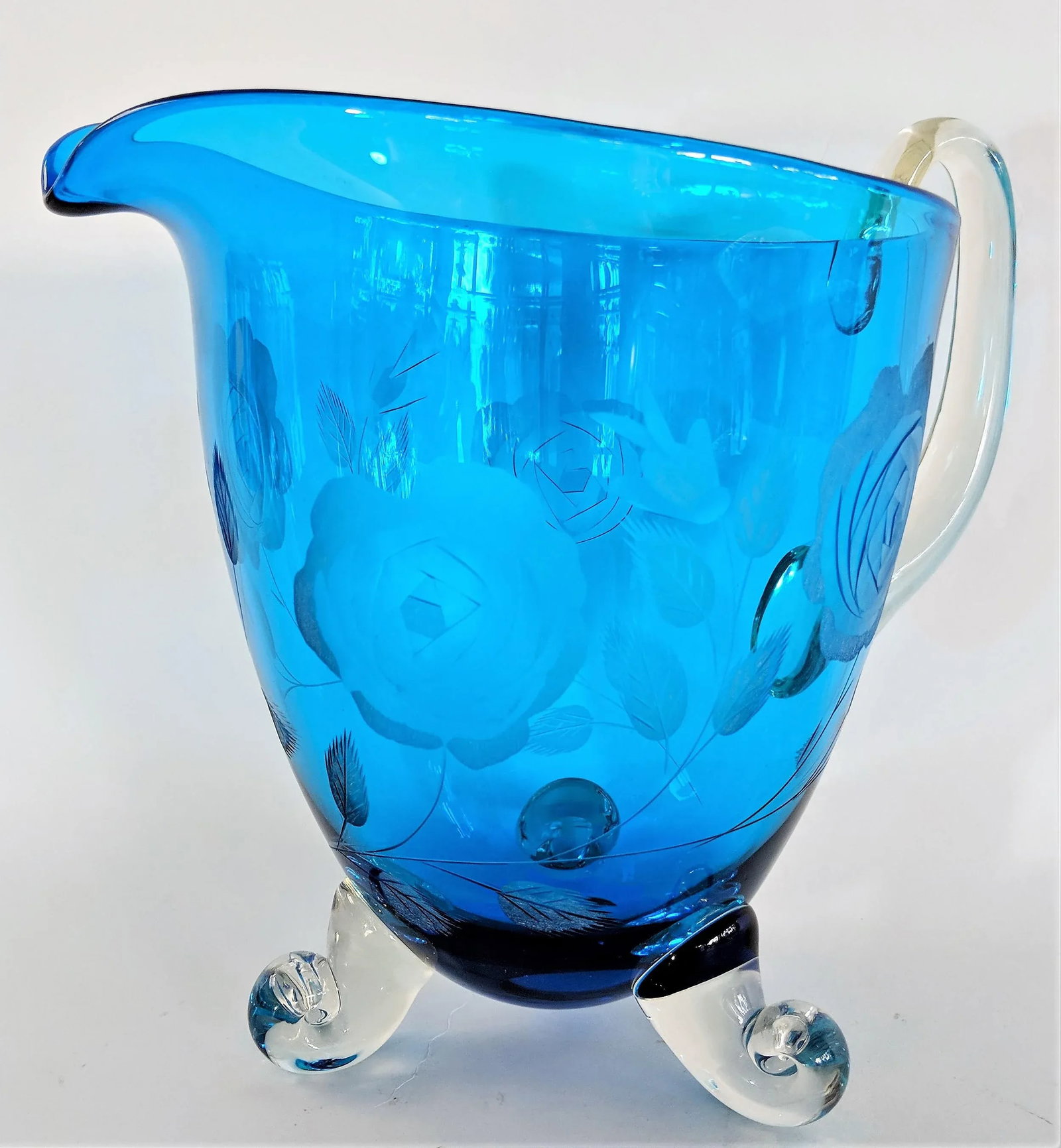 1960s Vintage Hand Blown Blue Glass Pitcher - 11